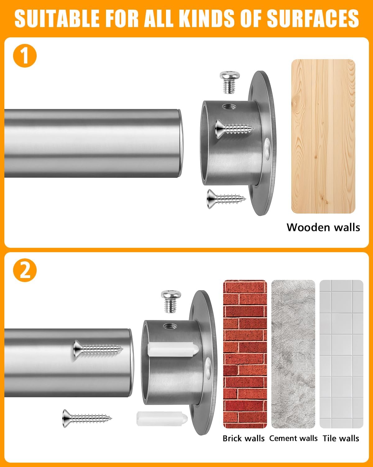 Closet Rods For Hanging Clothes, 17-40 Inch Heavy Duty and Stepless Adjustable Closet Poles, Stainless Steel Closet Hanging Rod for Closet, Wardrobes, Laundry Room, Bathroom, RV (Silver)
