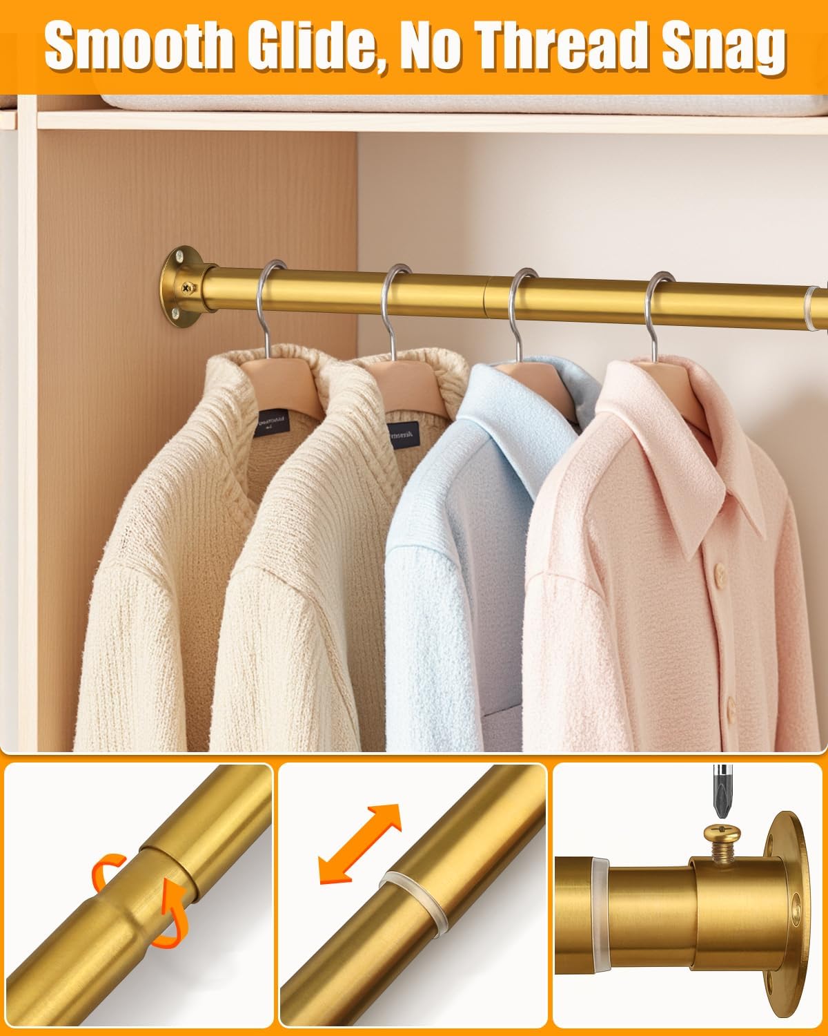 Closet Rods for Hanging Clothes, 17-52 Inch Heavy Duty and Stepless Adjustable Closet Poles, Stainless Steel Closet Hanging Rod for Closet, Wardrobes, Laundry Room, Bathroom, RV (Gold)