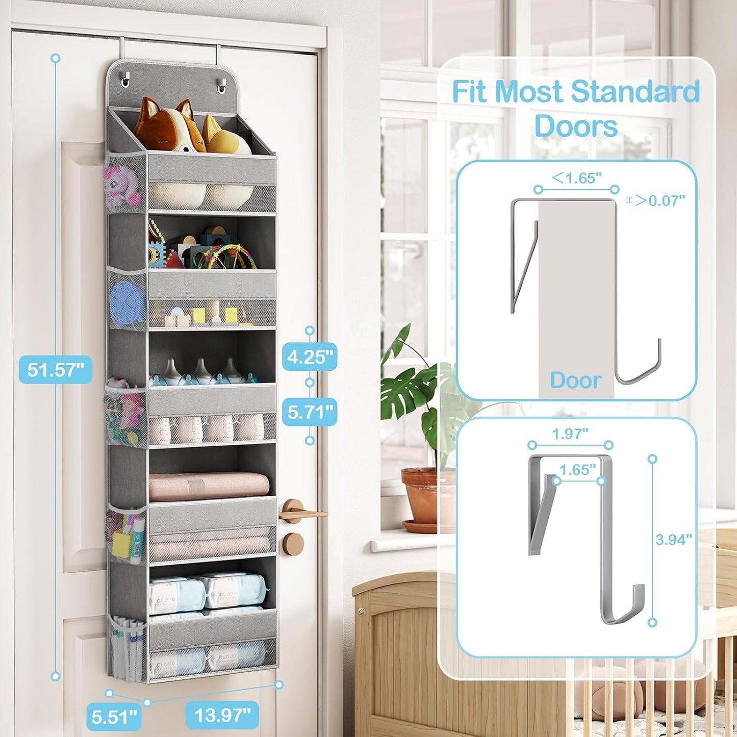 LAMU 5 Tier Over The Door Organizer Hanging, Swing - Proof Closet Behind Door Storage with 5 Large Pocket and 10 Side Pockets, Back of Door Organizers for Bedroom, Nursery and Bathroom (1 Pack, Grey)
