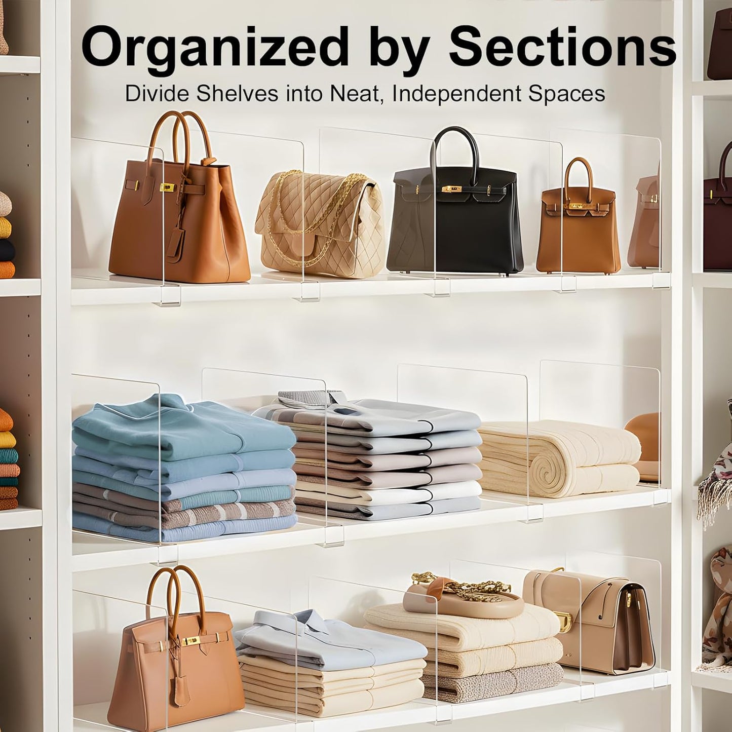 Purse Organizer for Closet Shelf Dividers: 16-Pack Adjustable Clear Acrylic Bag Storage Organizer for Handbags, Sweaters, Towels, Jeans and Shoes on Wood Shelves