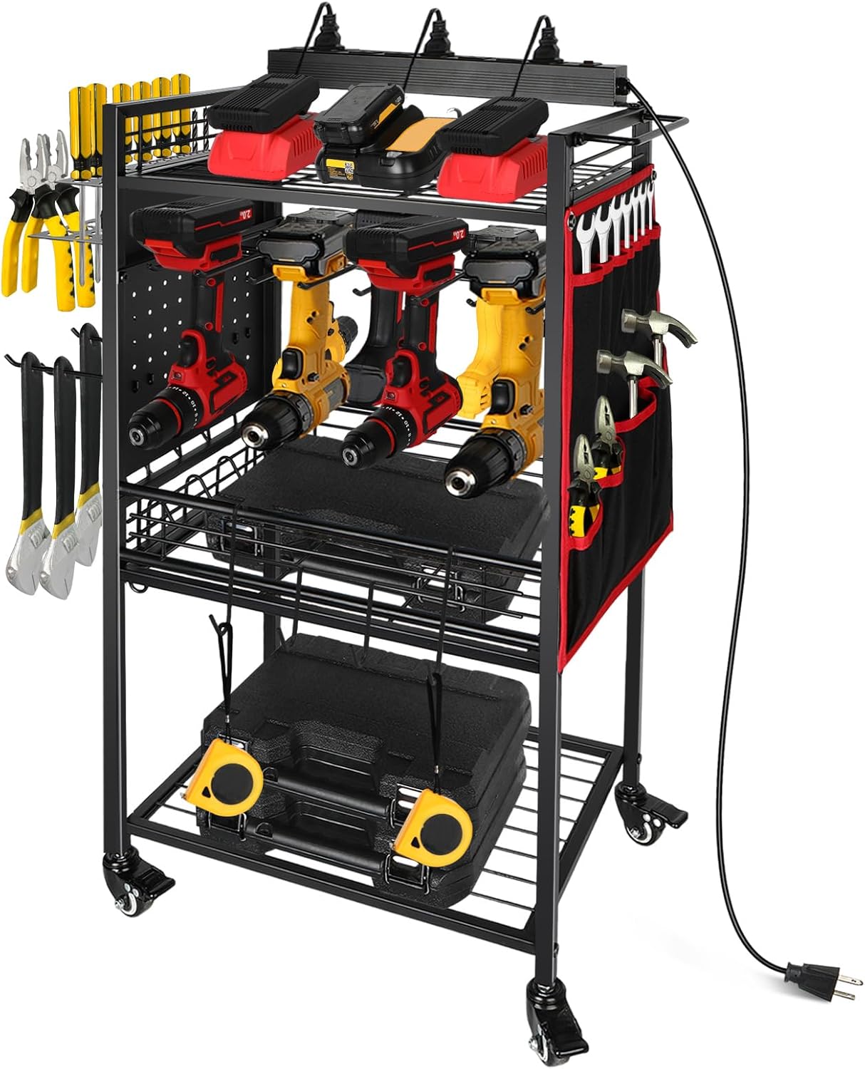 Garage Power Tool Organizer Cart with Charging Station, Floor Stand Rolling Drill Holder and Tool Battery Storage Cart on Wheels, 3-Layer Utility Rack Shelf with 8 Outlet Power Strip,Black