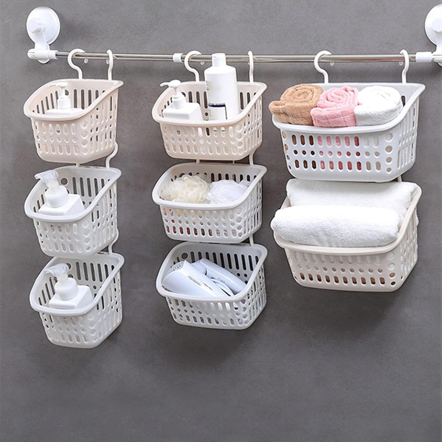 3PCS Plastic Hanging Baskets for Shower, Organizer With Hooks, Rectangle 10.6Inches Small Storage Basket (Beige)