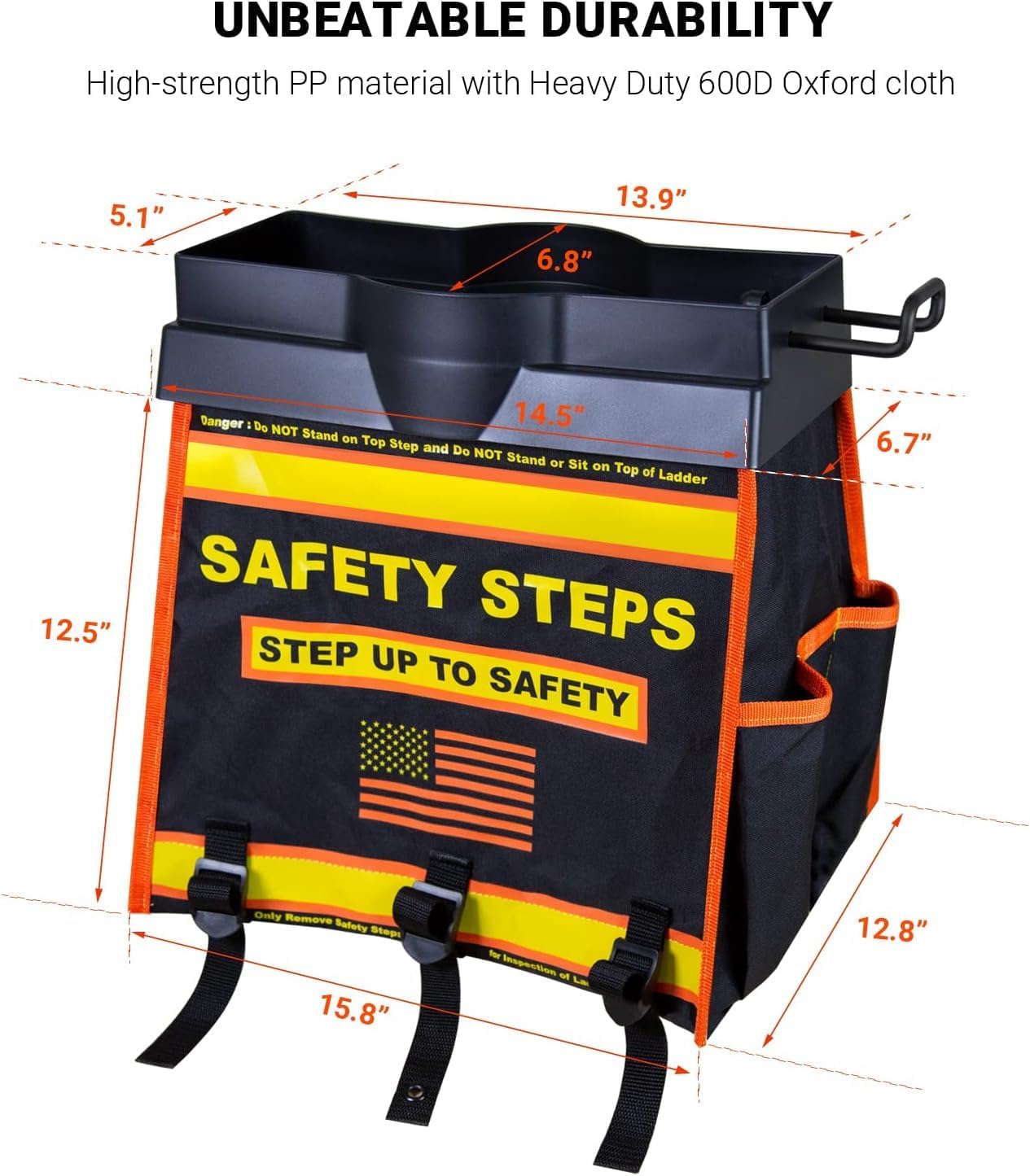 Ladder Organizer with Tool Bag and Slide-Out Tray, High Storage Capacity, OSHA Compliant Steps