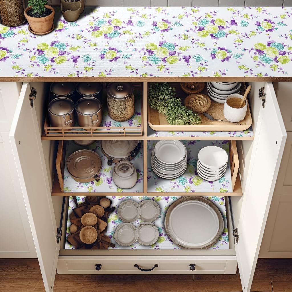 18" W x 96" L Floral Drawer and Shelf Liner for Cabinets, Non-Adhesive Strong Grip Non-Slip Flower Shelf Cabinet Kitchen Shelf Liners for Kitchen Cabinets