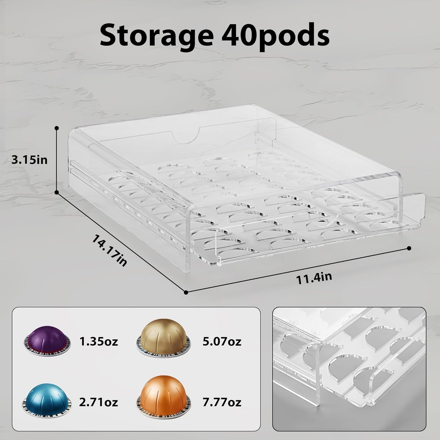 Clear Acrylic Coffee Pod Drawer for Nespresso Vertuo – 40-Pod Double-Sided Pull-Out Organizer