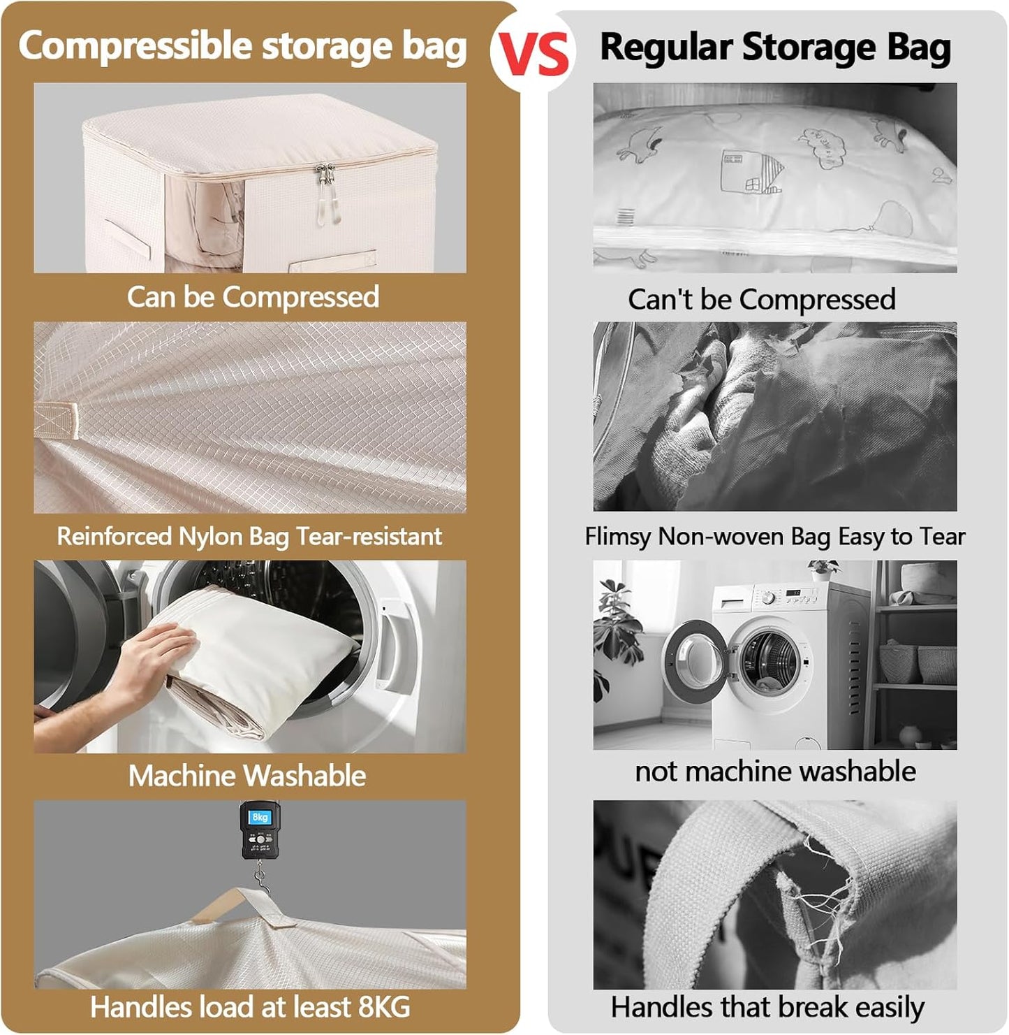 6 Pack Space Saving Comforter Storage Bag with Handle, 3-Layer Compression Blanket Storage Bags Adjustable In 3 Sizes (142L, 107L, 71L), Washable Bedding Organizer For Pillow Duvet Clothing Plush Toy