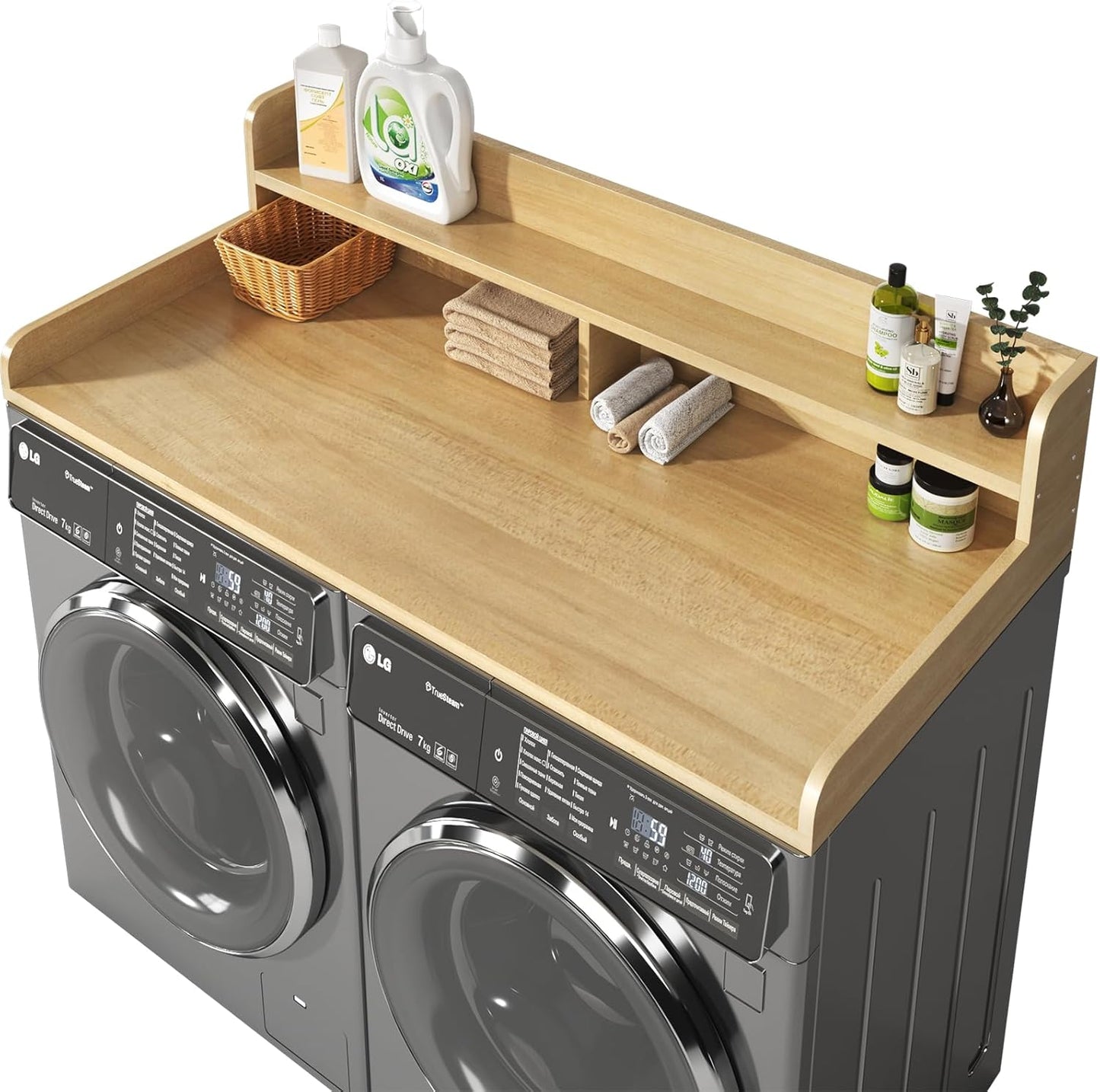 2-Tier Washer and Dryer Countertop with 2.75" H Guard,54" W x 27.5" D Laundry Countertop Cover with Non-Slip Pad,Large Space Laundry Topper for Folding Clothes Over Washer-Pure Wood Color