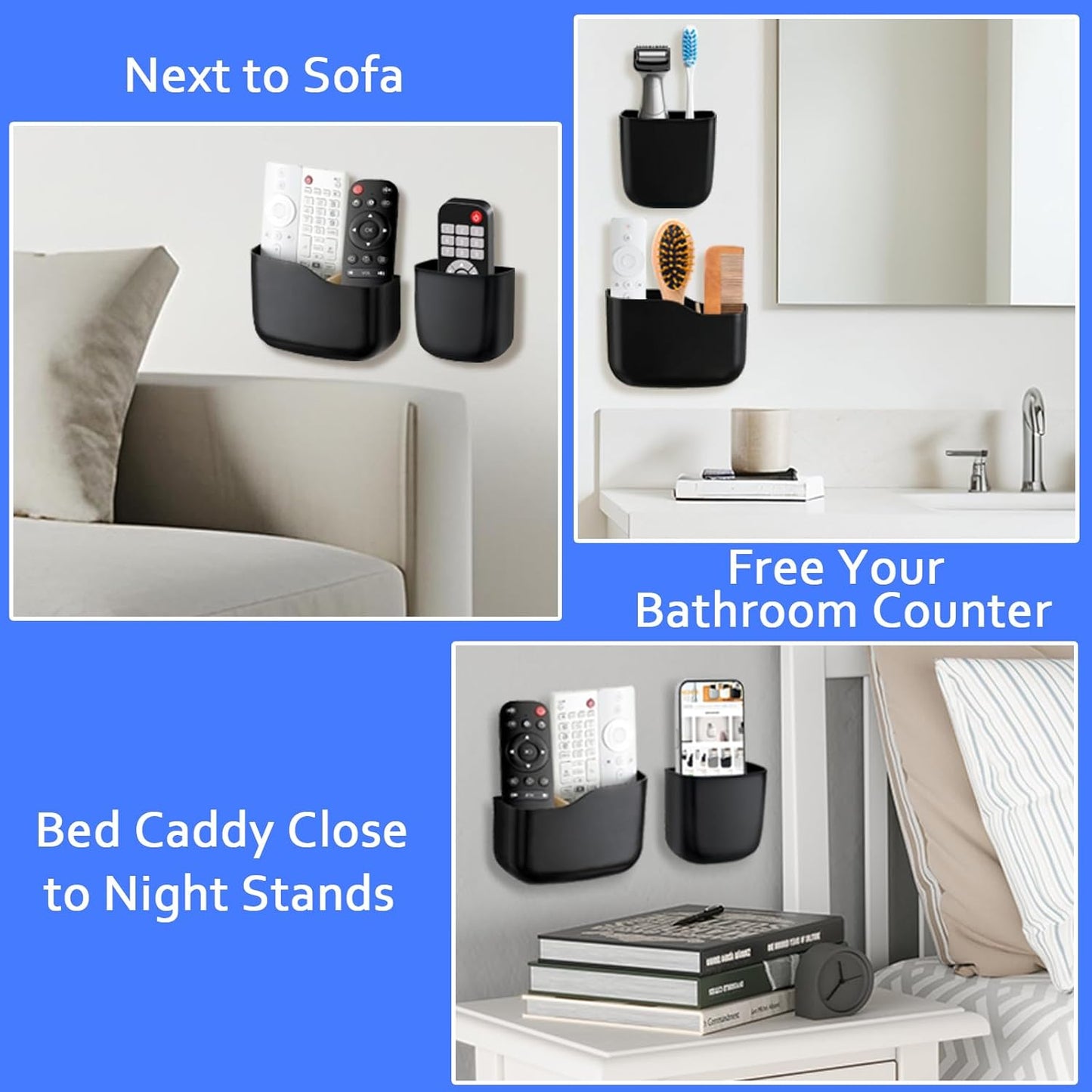 Remote Holder Wall Mount TV FAN Remote Control Holder Bedside Caddy Wall Organizer Phone Holder for Office Adhesive Media Player Controller Holder Box Tray Home Desk Nightstand Black 1 Big 2 Small