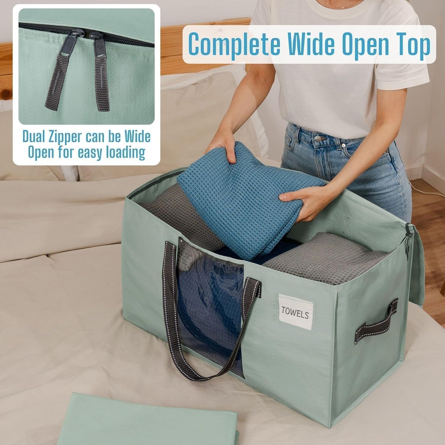 VENO 4 Pack Moving Bags, Comforter and Blanket Storage Bags for Closet, Moving Boxes, Boxes with Lids Alternative, College Dorm Packing Supplies, Foldable Heavy-Duty Tote (Light Green Matte, 4 Pack)