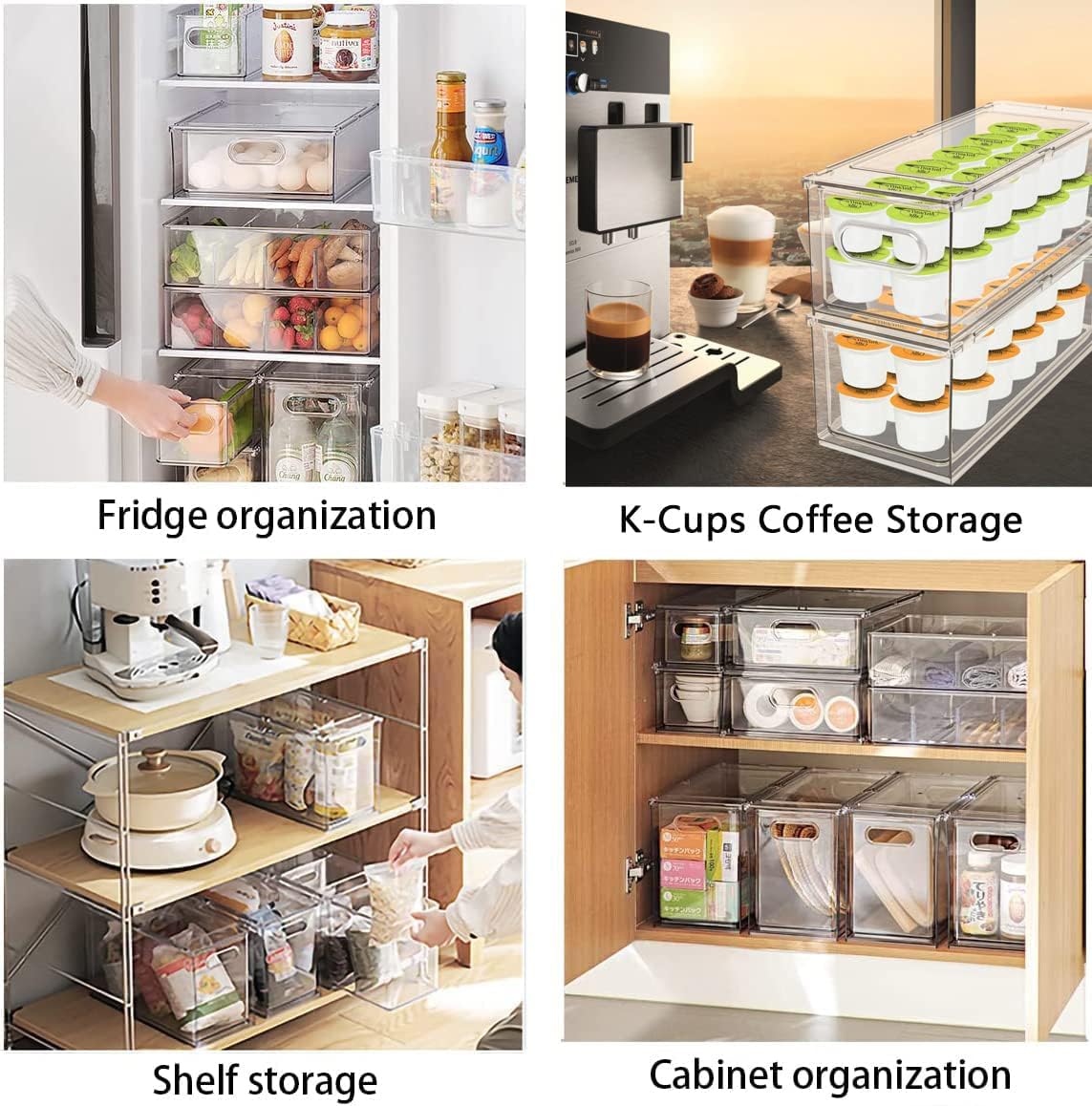 MANO Fridge Drawer Pull Out Stackable Bins with Handle Clear Refrigerator Drawers Organizer Food Storage Container Box with Dividers Plastic Produce Saver for Pantry, Cabinet, Kitchen, Clothes（4Pack）
