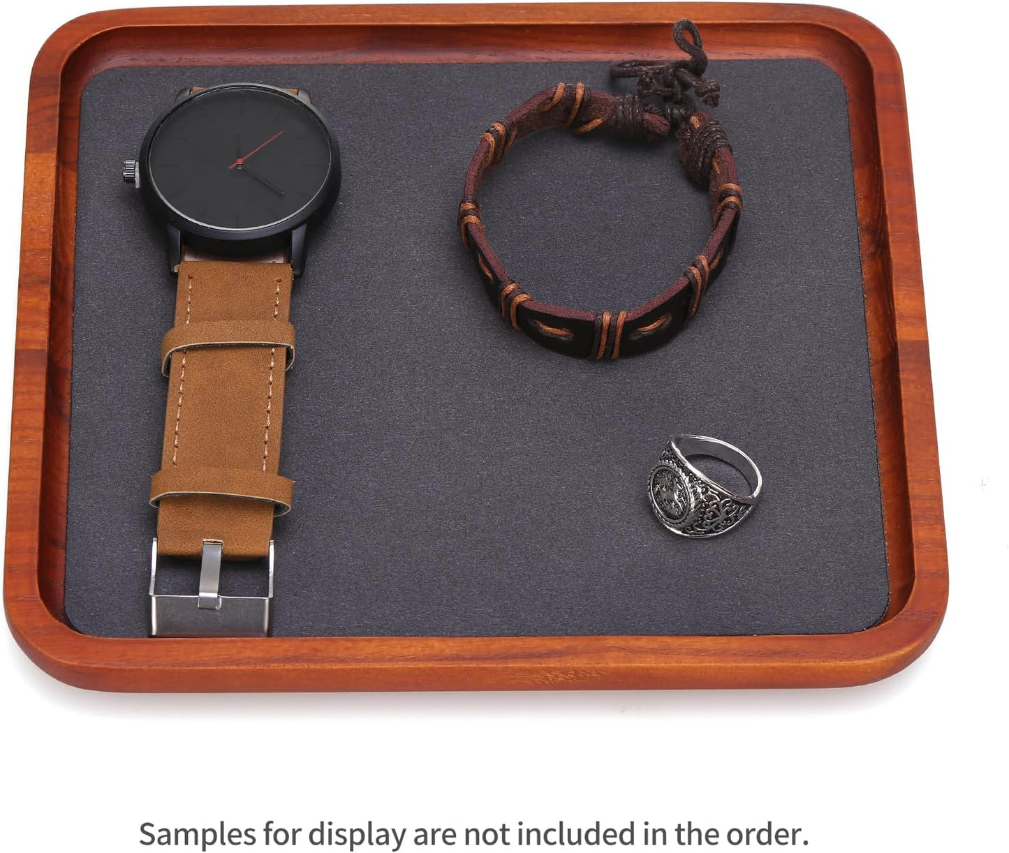 Wooden Jewelry Display Tray Rounded Rectangle Ring Showcase Stackable Elegant Bracelet Watch Jewelry Organizer for Personal Use and Commerce (Old Lace, Medium-W 3.9'' x H 0.6'' x L 7'')