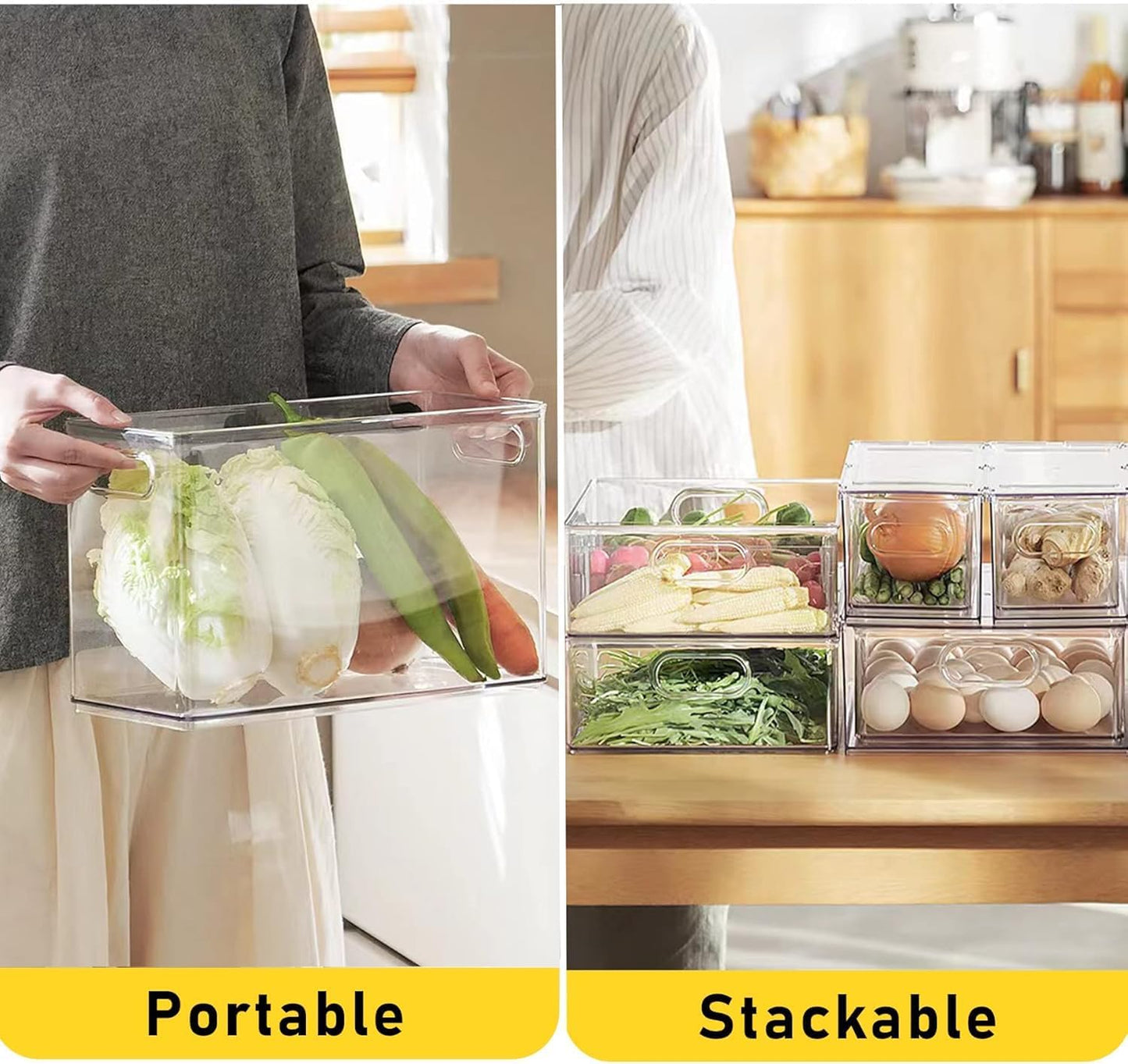 Refrigerator Organizer Bins with Pull-out Drawer 6 Pack Stackable Clear Fridge Drawer Organizer Fruit Vegetable Storage Containers for Kitchen Pantry Organization (2 Small)