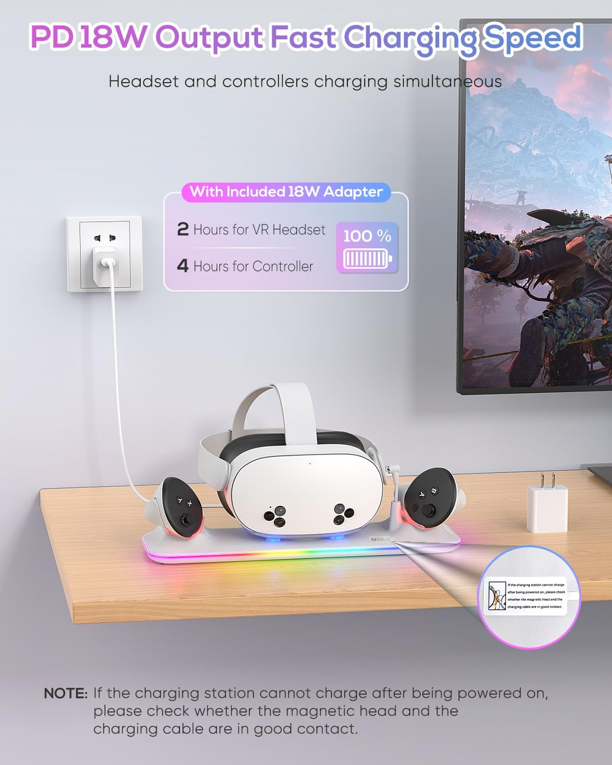 Charging Dock for Meta Quest 3S/3, Kinwin PD 18W Fast Charging Station for Oculus 3S Accessories with RGB Light, Magnetic Charger Stand for Headset/Controller with 2 Rechargeable Batteries-Black