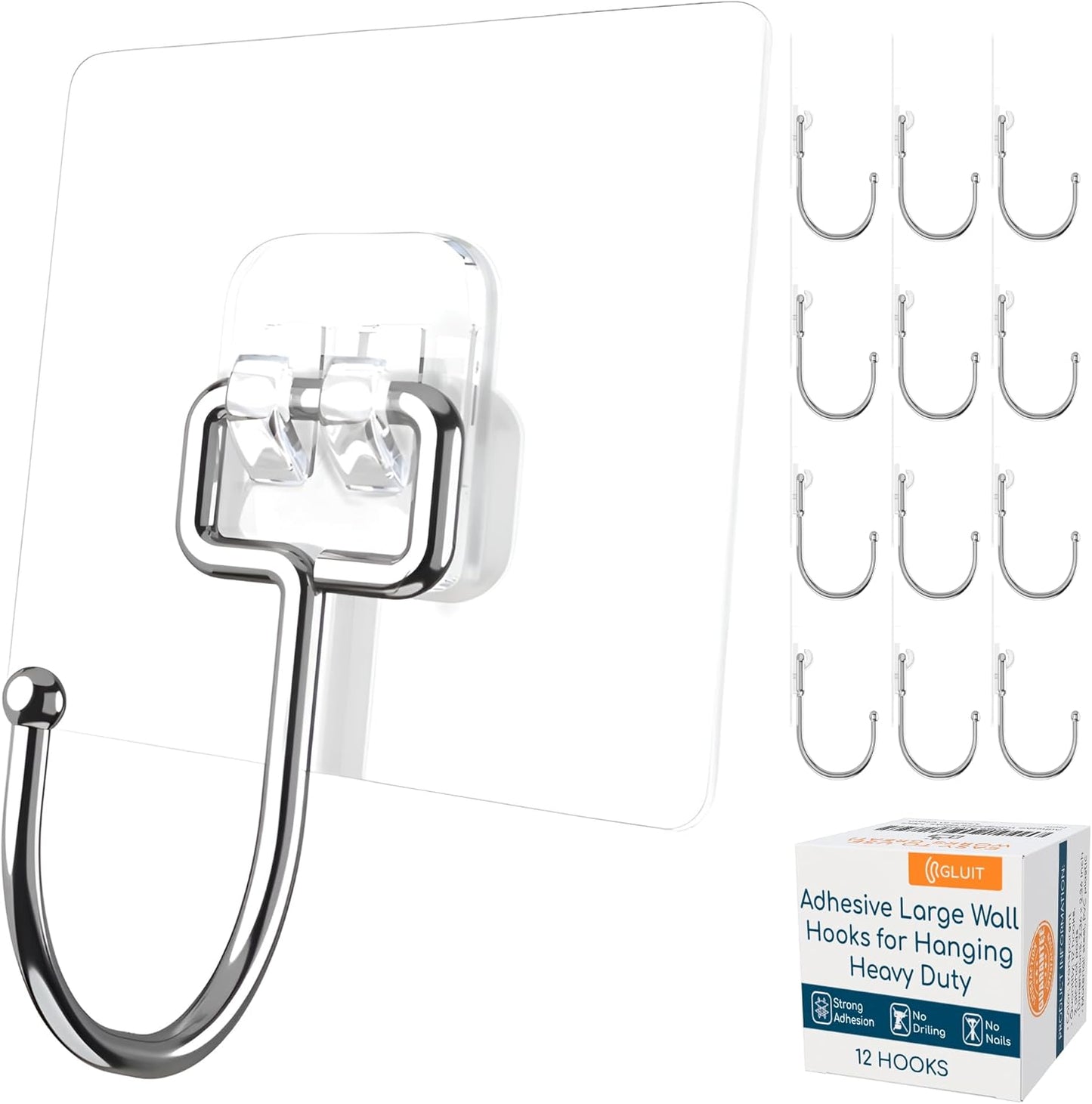GLUIT Adhesive Large Wall Hooks for Hanging Heavy Duty 22 lbs Hooks for Walls No Damage, Towel Sticky Clear Hooks, Waterproof, Home, Bathroom, Kitchen, Office, and Outdoor 12 Pack
