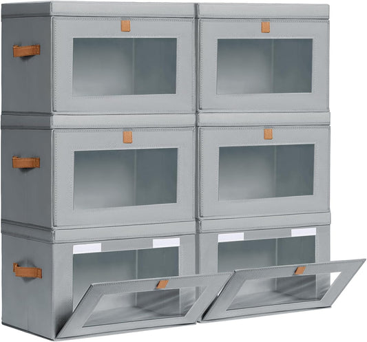 Large Closet Storage Bins - Collapsible Storage Bins with Handles & Window, Fabric Cube Organizer with Lids, Decorative Boxes for Living Room, Closet, Dorm, 6 Pack, Grey
