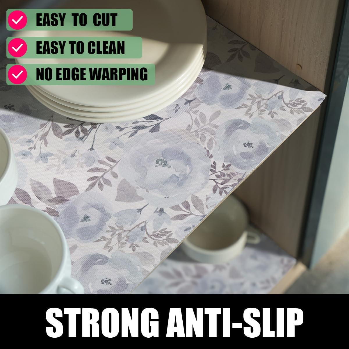 Blue Floral Shelf and Drawer Liner for Kitchen,12IN x 20FT Non-Adhesive and Strong Non-Slip Peony Cabinet Drawer Liners for Kitchen Shelf, Waterproof Cupboard Liners,Easy to Clean