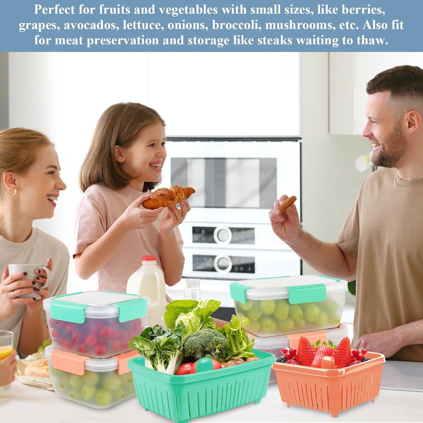 68oz Berry Keeper Fruit Storage Container for Fridge, Fresh Food Produce Saver Containers with Removable Drain Colander, Vegetable Lettuce Keeper Bowl, Refrigerator Organizer, PRESS TO OPEN CLOSE LID