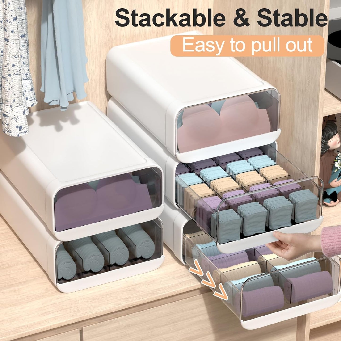Underwear Organizer Drawer, 24 Cells Plastic Sock Underwear Storage Drawer, Stackable Closet Organizers and Storage Box for Bras, Socks, Scarves, Ties, Belt (King Size-White, 1 Pcs)