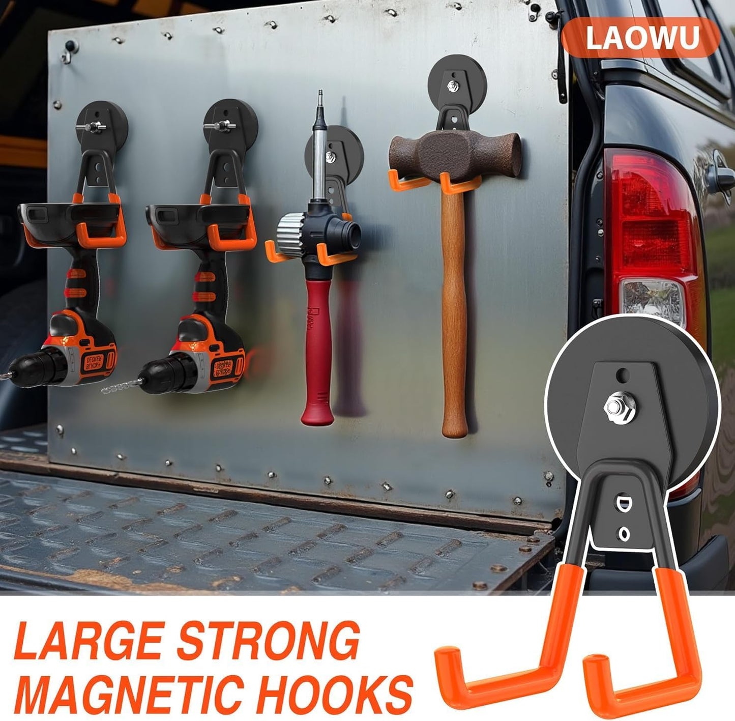 8 Pack Heavy Duty Storage Magnetic Utility Hooks Large Garage Strong Extra Magnet Hooks Hanger with Anti-Slip Coating Heavy Duty Magnetic Hooks for Hanging Power Dril Garage Garden Tools Orange