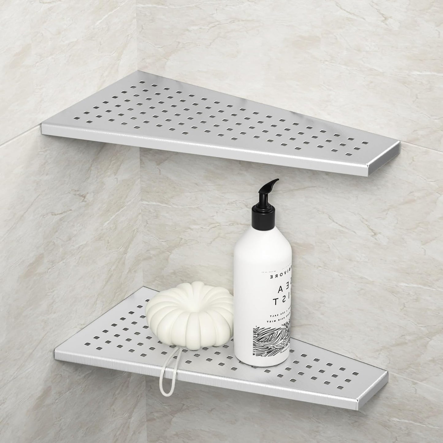 Corner Shower Shelf, 12" Trapezoid Grout in Shelf, 304 Stainless Steel Grid Design Recessed Bathroom Shelf for Tiled Wall