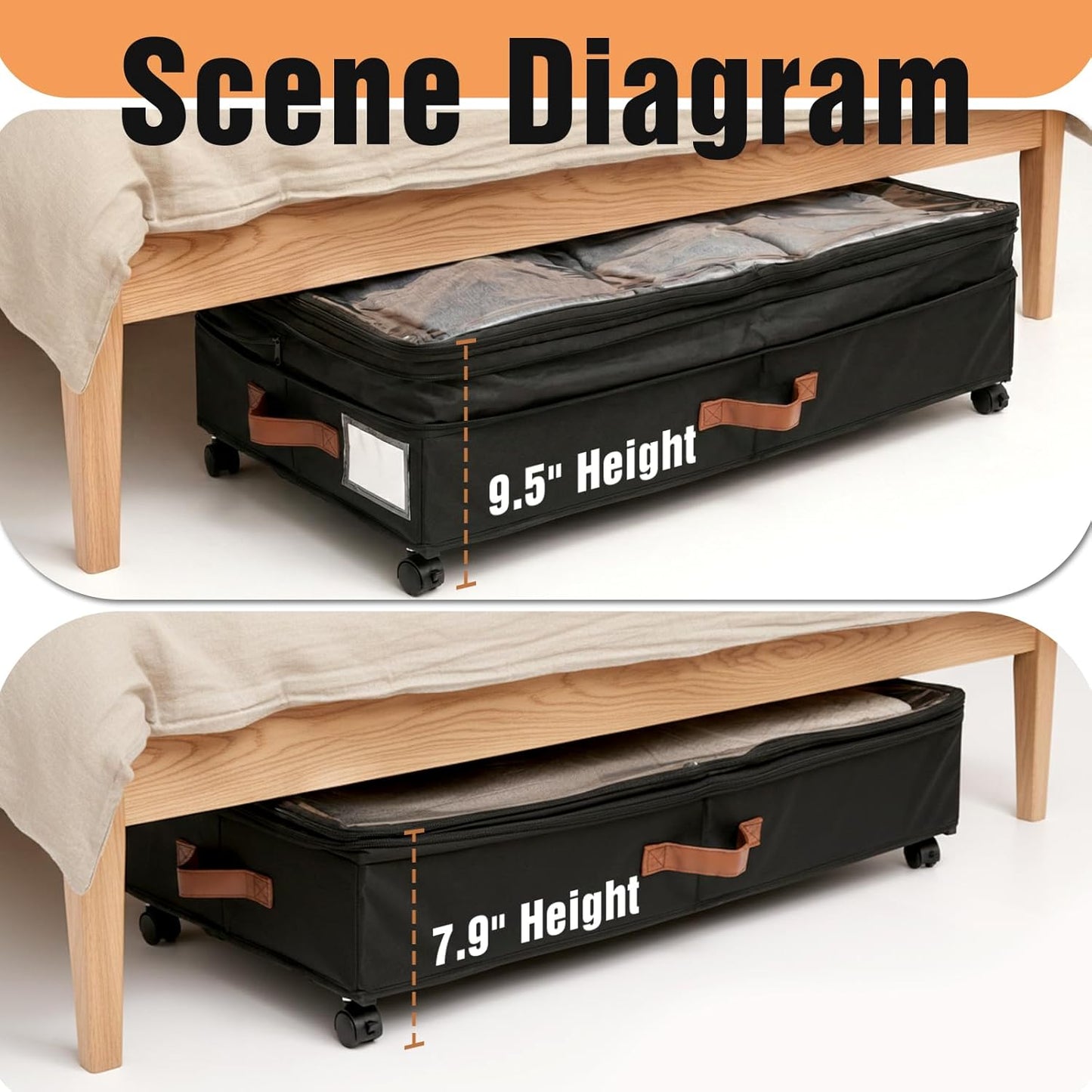 AVOKIHI Under Bed Storage Containers with Wheels 2-Pack, 60L Large Underbed Organizer Box for Clothes, Blankets & Shoes, 9.5 Inch Adjustable Height Under the Bed Storage Bin with Clear Top (Black)