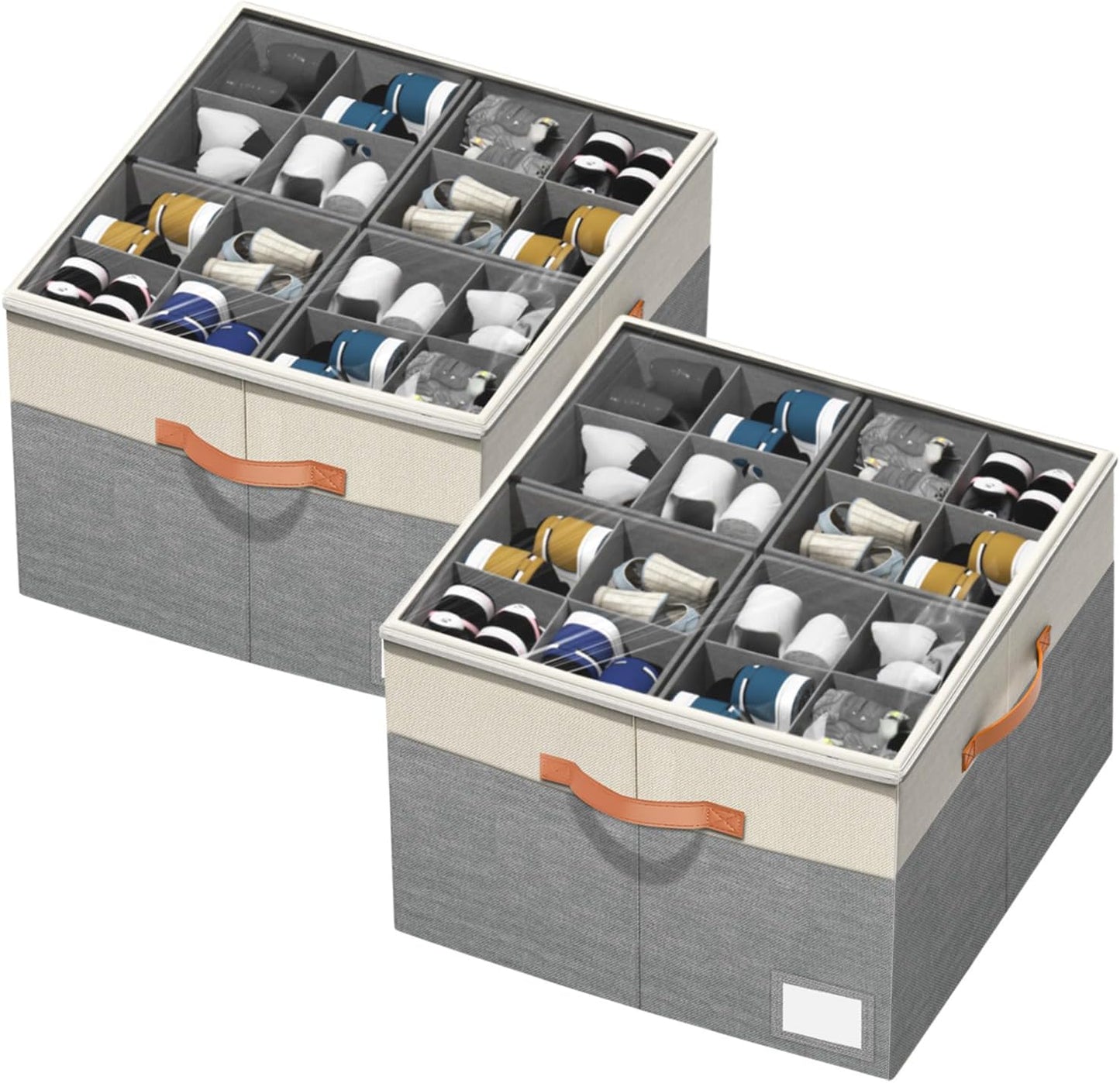 Aokeyee Shoe Organizer for Closet,2 Pack Foldable Shoe Storage Organizer Box Bin with Adjustable Dividers and Clear Cover, Fits up to 16-32 Pairs