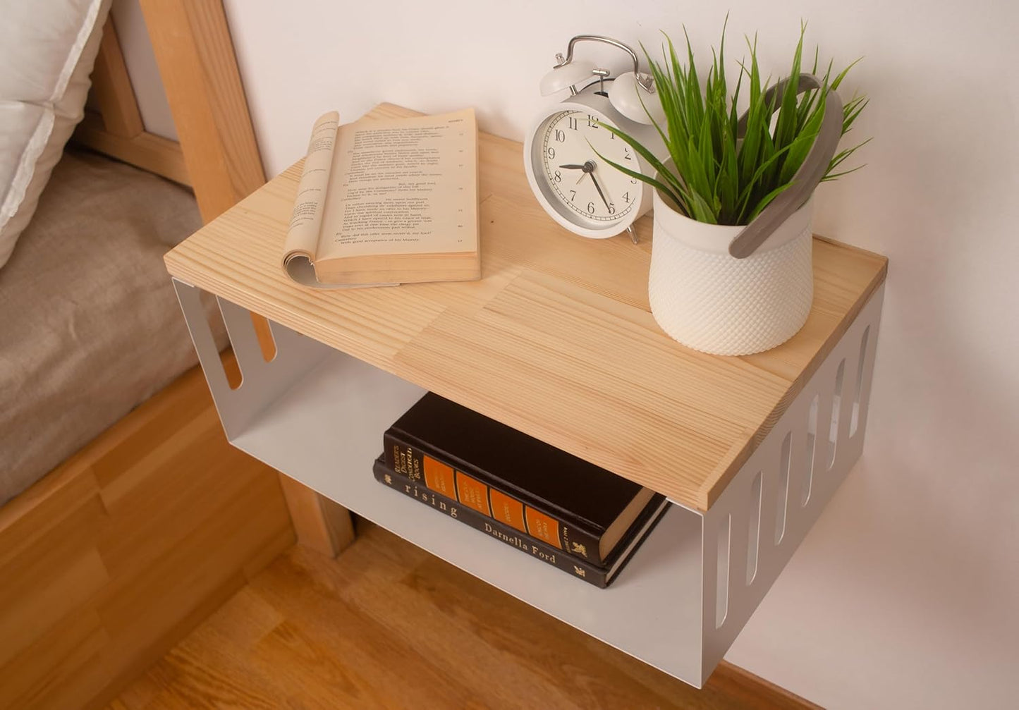 Floating Nightstand with White Metal Base, Wooden Top and Sturdy Metal Base, Minimalist Bedside Table, Wall Mounted Shelf, Bedside Shelf (Natural)