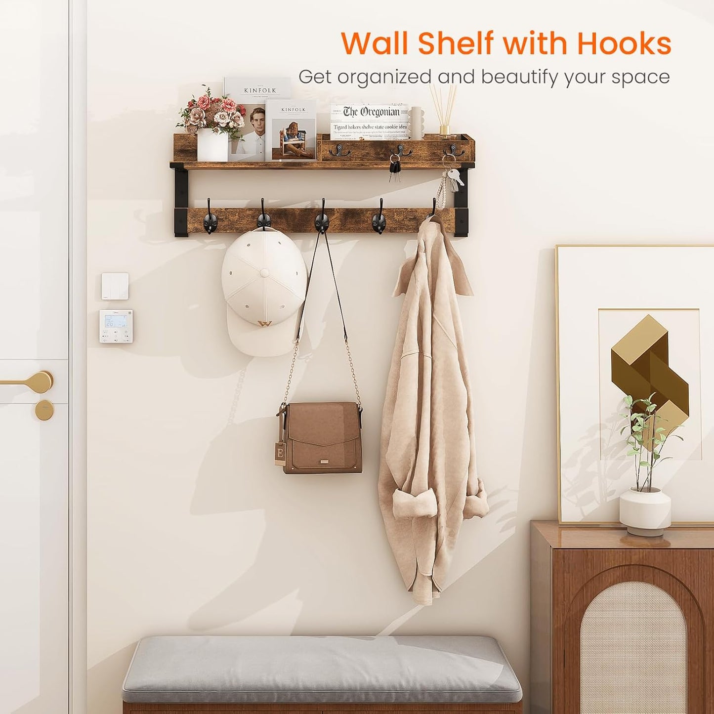 Homode Coat Rack with Shelf, Wall Shelf with Hooks, 26 Inch Long Coat Hanger Wall Mount with Key and Mail Holder, Wood Entryway Shelves for Hanging Hat Jacket Backpack Purse, Rustic Brown Black