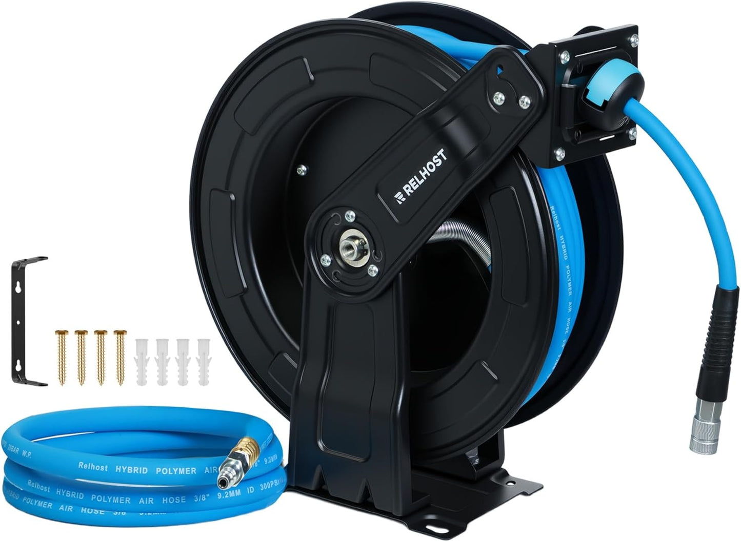 Retractable Air Hose Reel Dual Arms, 50 ft x 3/8 in Hybrid Air Hose (300PSI), Heavy Duty Compressor Hose Reel, Auto Rewind & 180° Swivel - Wall/Ceiling Mount for Workshops