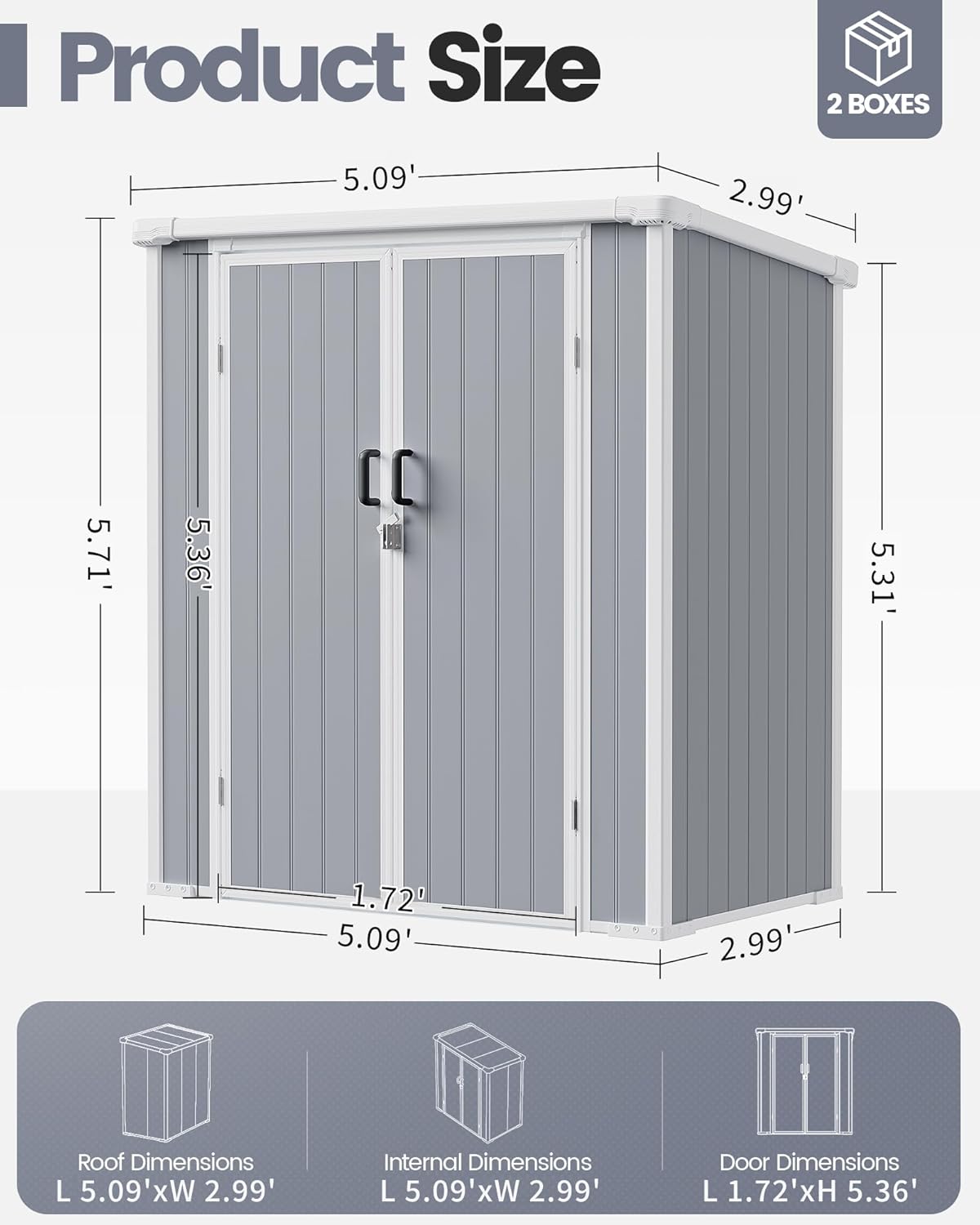 5x3 ft Outdoor Storage Shed with Floor, All-Weather Resin Tool Shed with 2 Shelves, Heavy-Duty Garden Shed for Yard, Bicycle, and Lawn Equipment, Easy Assembly, Aritic Light Gray