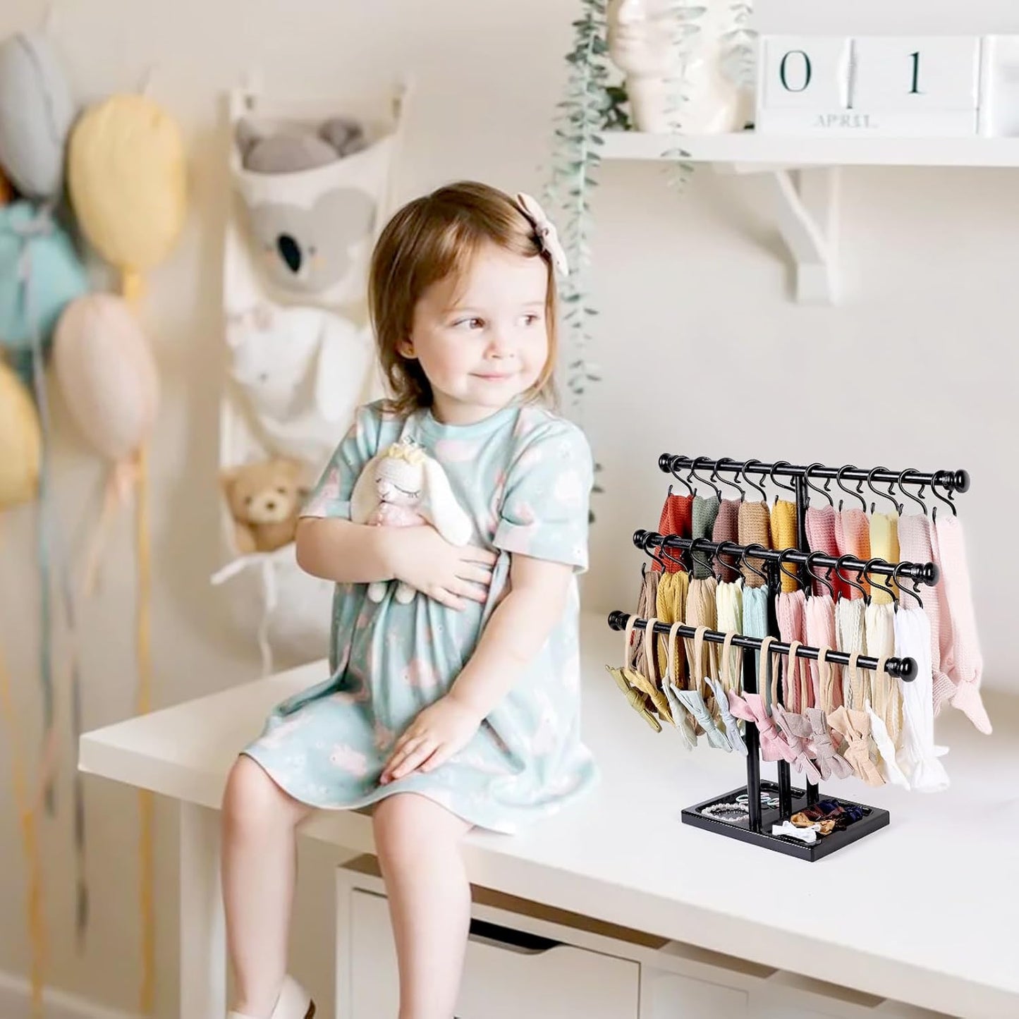 POVETIRE Headband Holder Stand Storage for Baby, 3 Tier Wooden Bow Organizer for Girls Hair Bows, Infant Hair Accessories Rack Display for Nursery Decor
