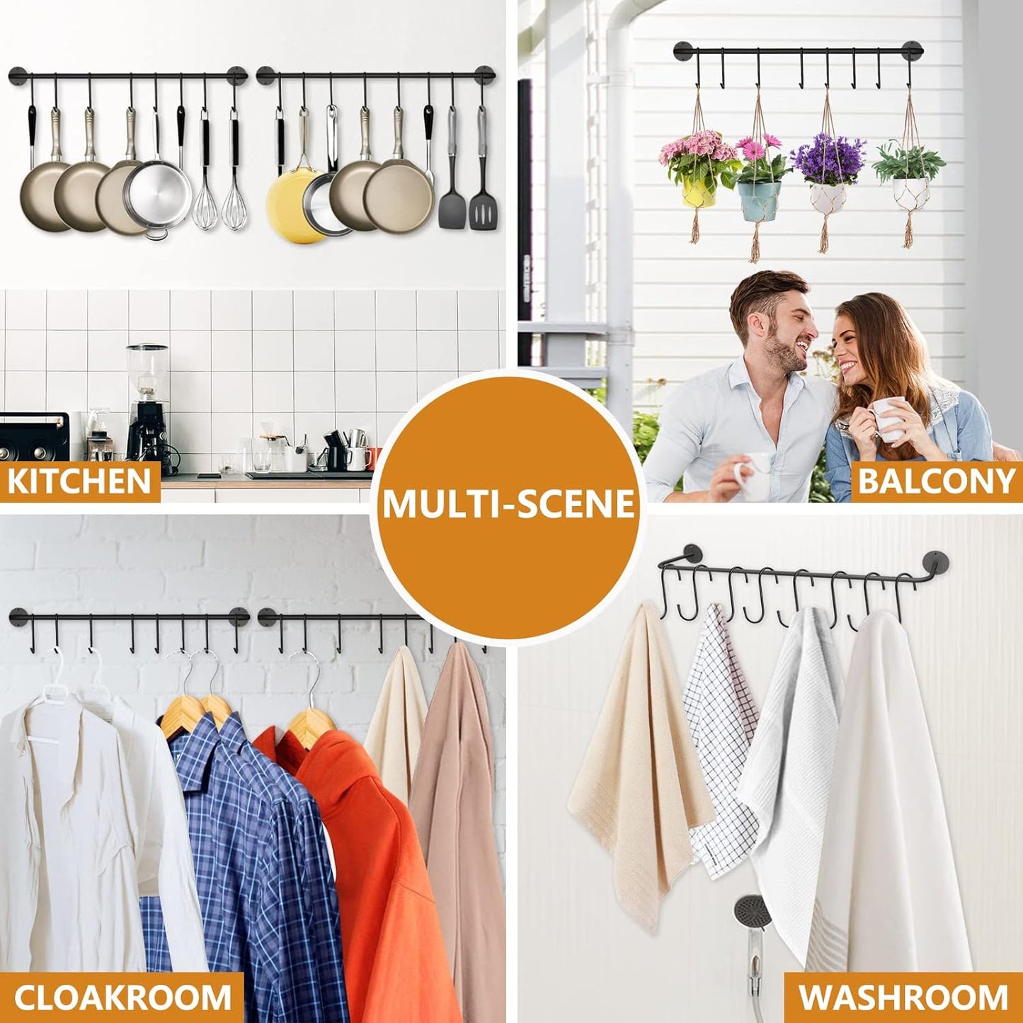 Black Steel-made Kitchen Utensil Rack Organizer Wall-mounted Pot Pan Wall Hanger Holder For Hanging Rail with 10 S Hooks