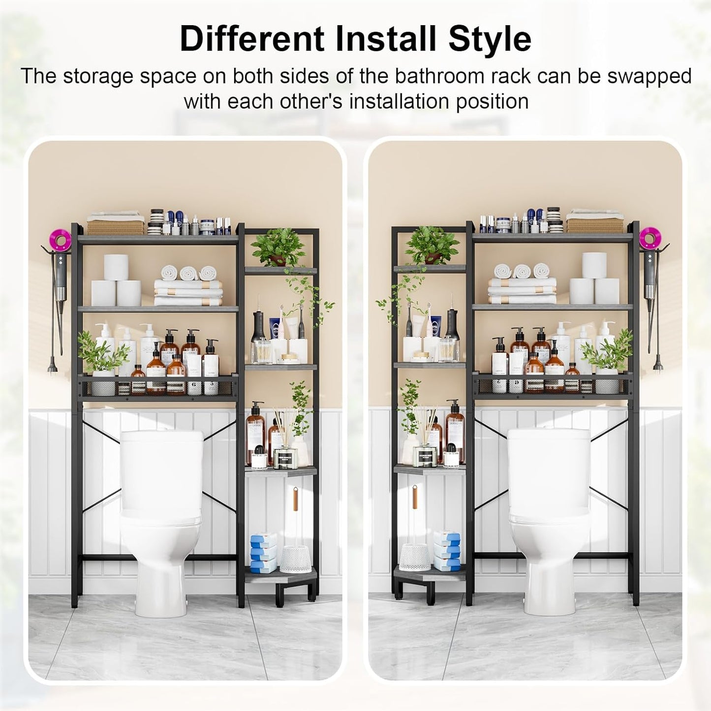 K1 Heavy Duty 7-Tier Over The Toilet Storage（with Basket and Paper Hook） Freestanding Above Toilet Shelf with Adjustable Feet，Space Saver Bathroom Shelves 9.3" D x 33.5" W x 63.8" H，Grey
