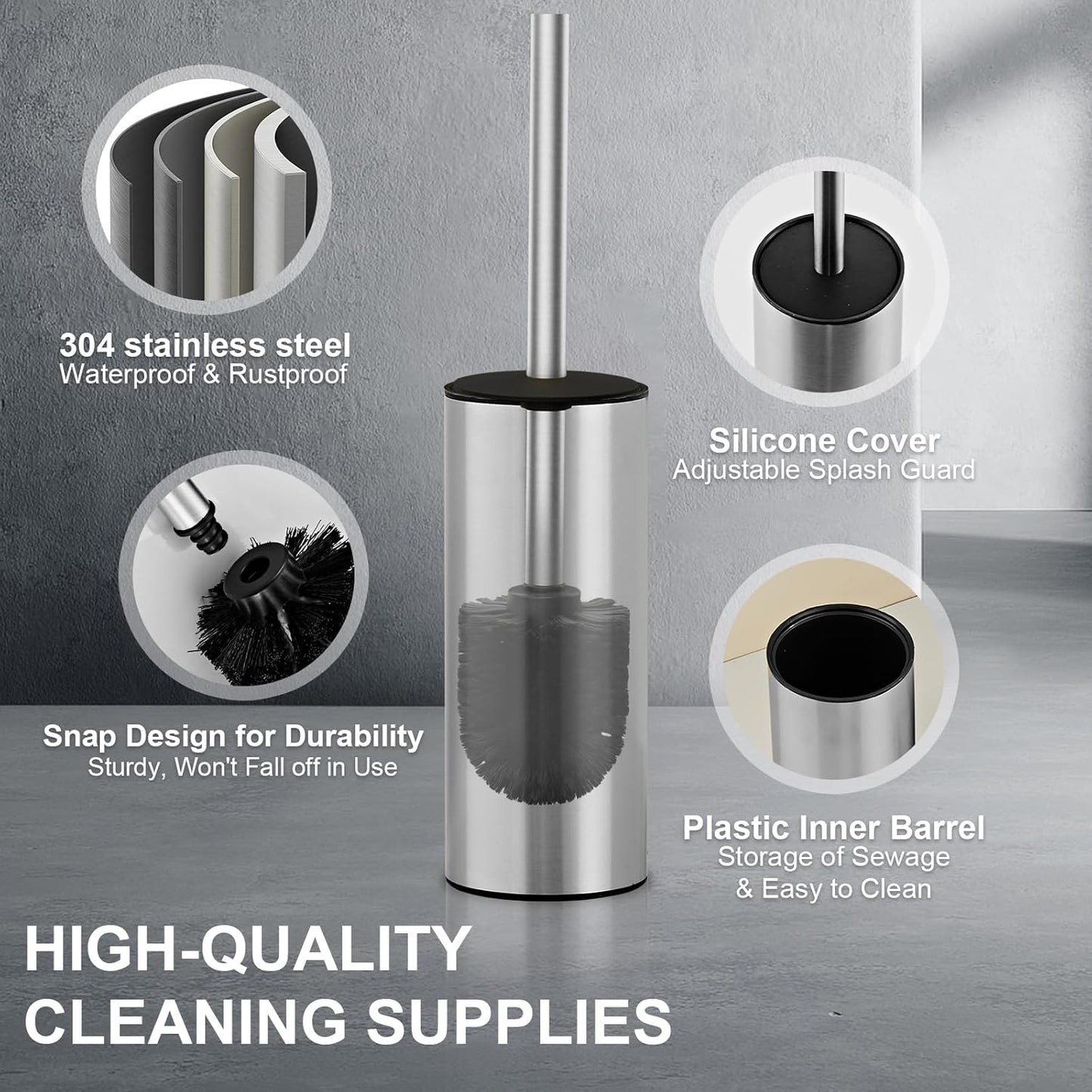 304 Stainless Steel Toilet Brush and Brush Holder Set, Circular Floor Toilet Brush Holder, Long Handle, Bathroom Heavy-Duty Cleaner, High-End Cylinder Wall，2 Brush Head (Brushed) YIGUANXIN