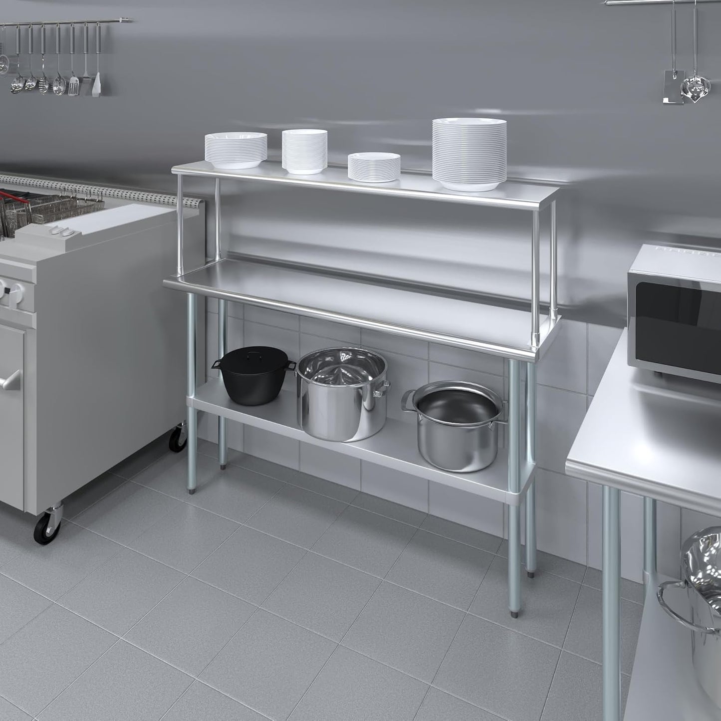 Stainless Steel Work Table with Wide Single Tier Overshelf | Metal Kitchen Prep Table & Shelving Combo (14" x 60" Work Table + 12" Overshelf)