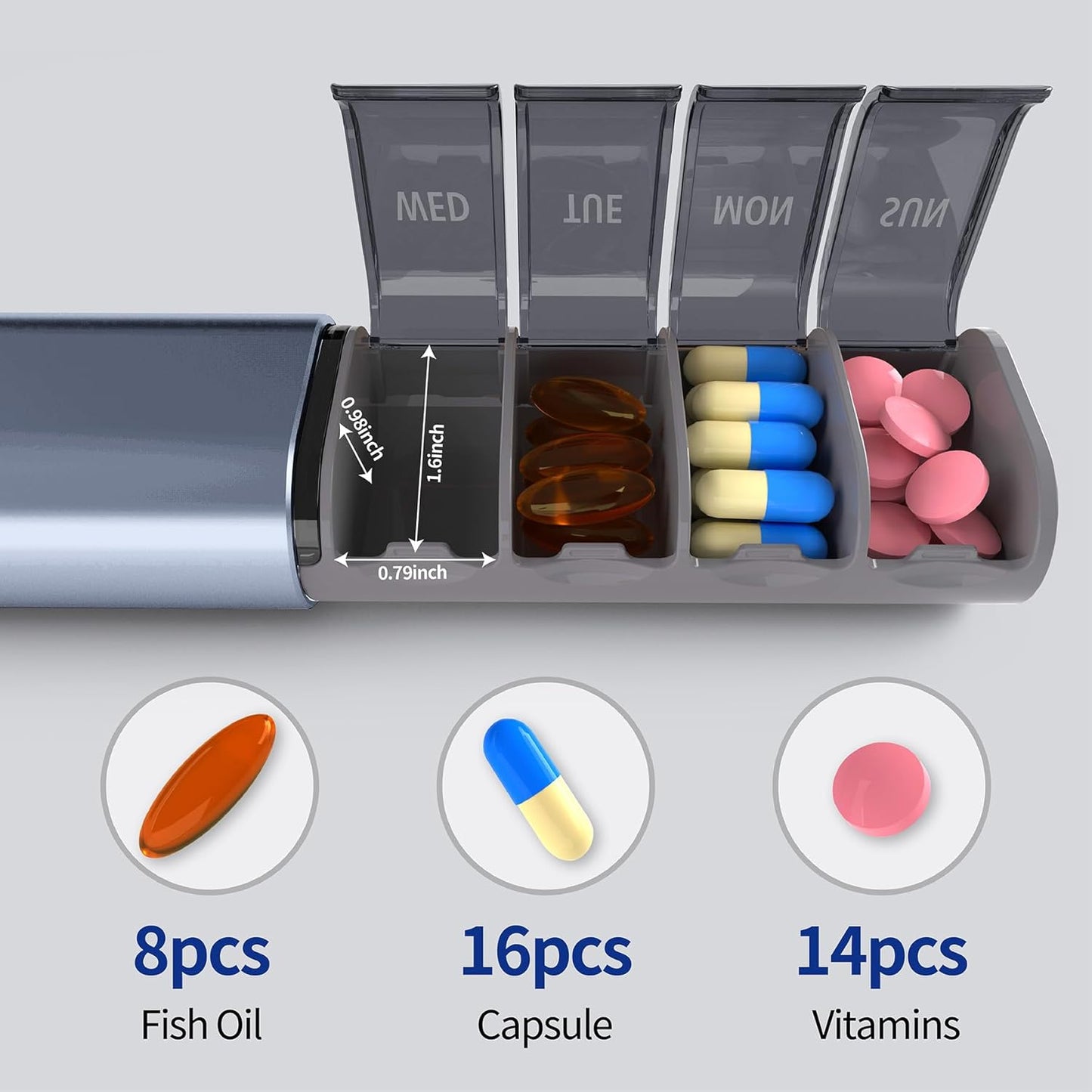 Weekly Pill Organizer, 7-Day Aluminum Case with Pop-up Design,Arthritis Friendly, Large Capacity for Vitamins Supplements and Medication, BPA Free (Gray)