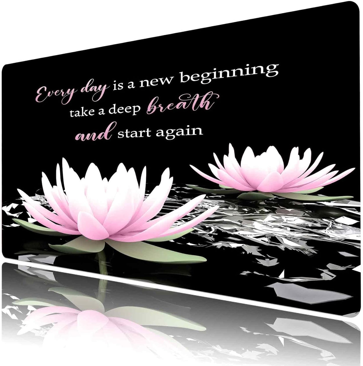 LB Pink Water Lily Flower Inspirational Large Mouse Pad with Motivational Quotes, Non-Slip Rubber Base Black White Aesthetic Desk Pad for Home, Office, Gaming Mouse Mat, 15.75" x 31.5"