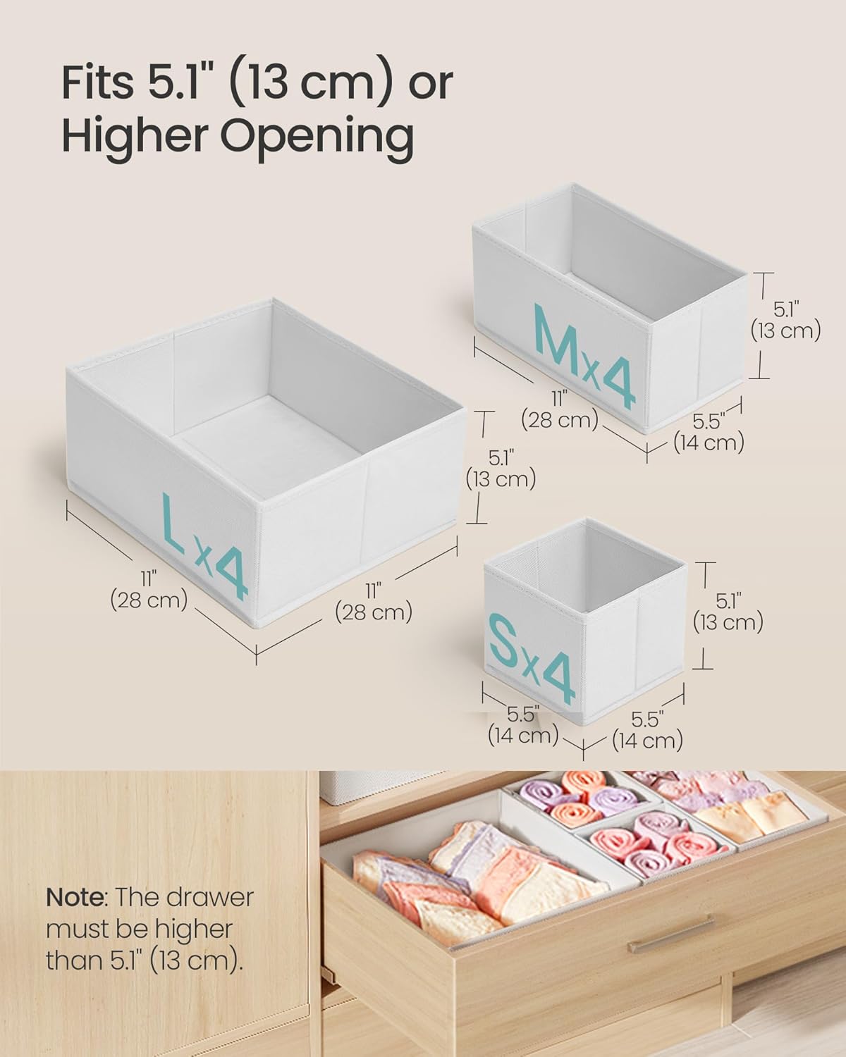 SONGMICS Drawer Organizer,Dresser Drawer Organizers, Set of 12, Foldable Fabric Storage Bins for Socks, Underwear, Bras, Ties, Scarves, Cloud White URDZ006W02