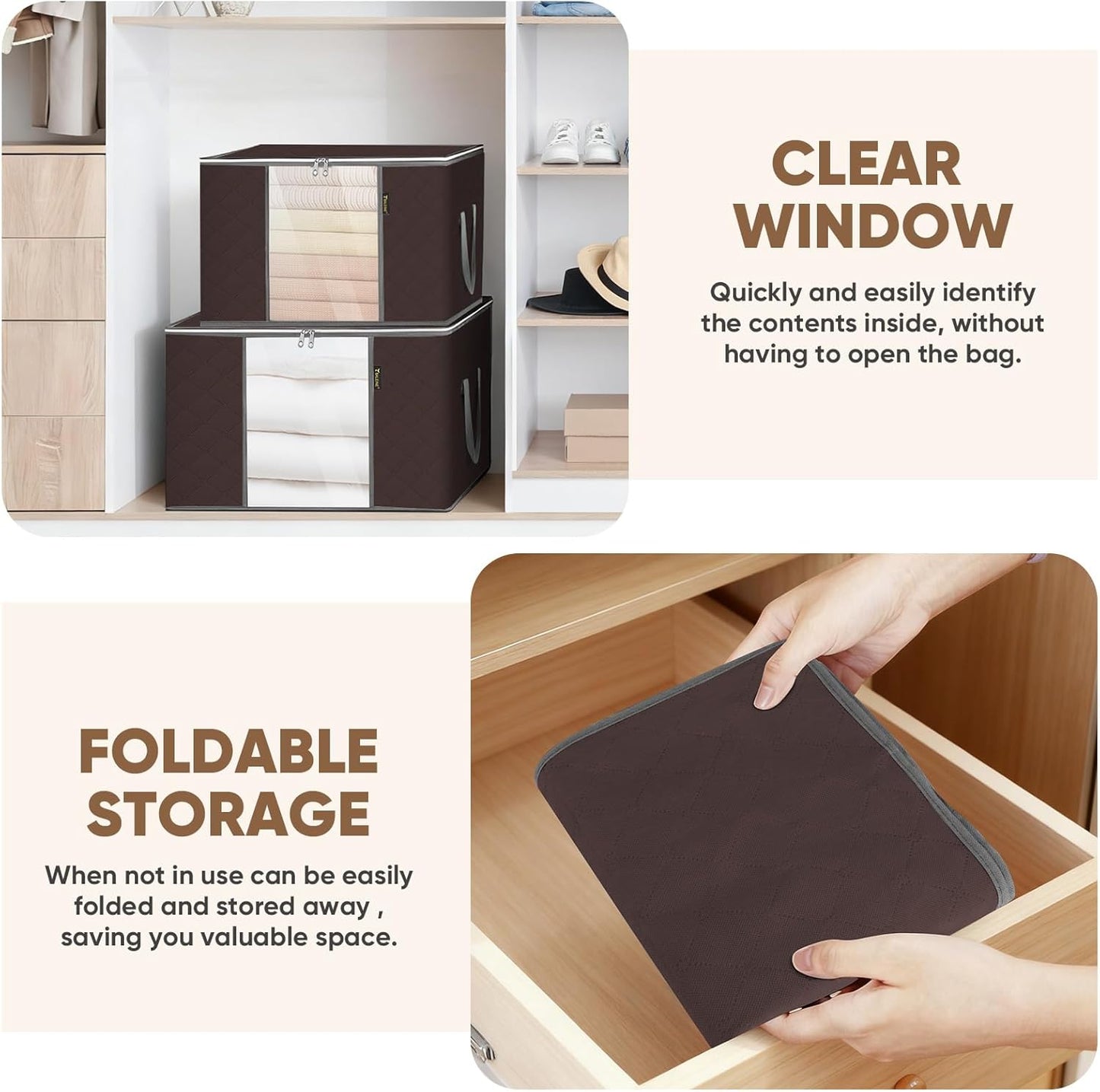 BALEINE 2 Pack Clothes Storage Bags, 16 Gallon Storage Containers with Reinforced Handle, Sturdy Zipper, Closet Organizer for Blanket, Comforter, Pillow, Bedding (Brown, 2 Pack)