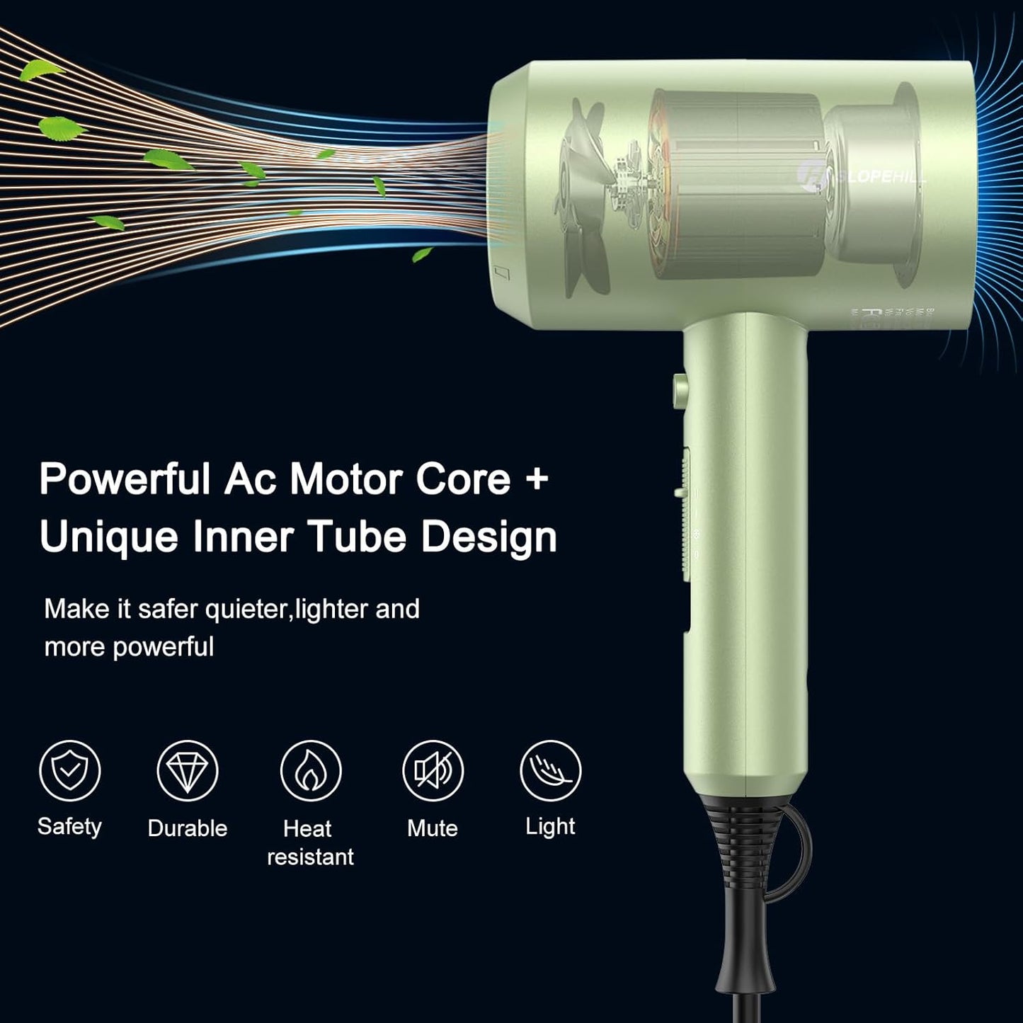 slopehill Professional Ionic Hair Dryer, Powerful 1800W Fast Drying Low Noise Blow Dryer with 2 Concentrator Nozzle 1 Diffuser Attachments for Home Salon Travel (Lime Cream)