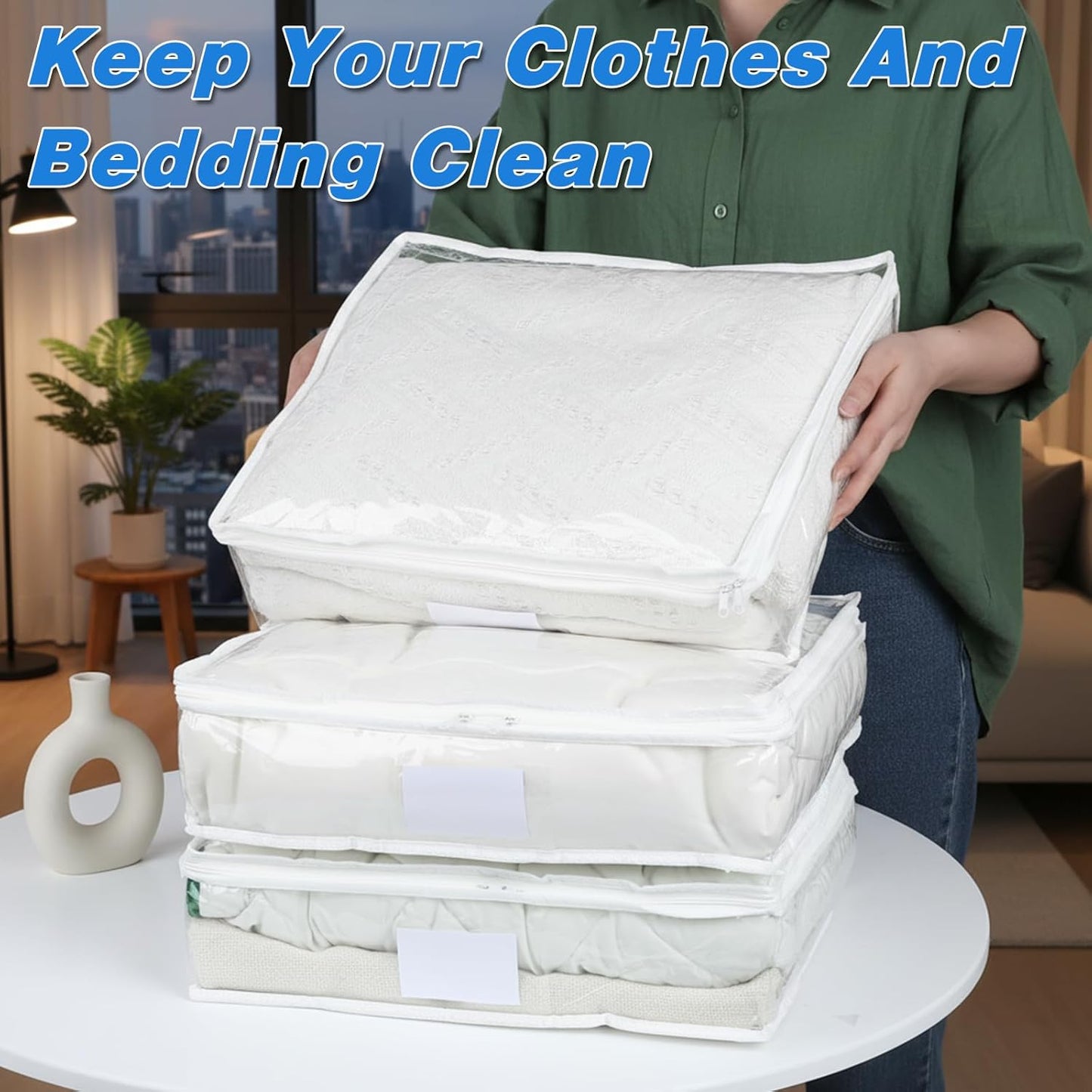 8 Pcs Clear Plastic Storage Bags with Zipper, 15.7 x 13.8 x 3.9 Inch Pvc Sweater Sheet Organizer Waterproof Zippered Clothing Storage Bags for Clothes, Linen, Pillow, Sheets, Blankets