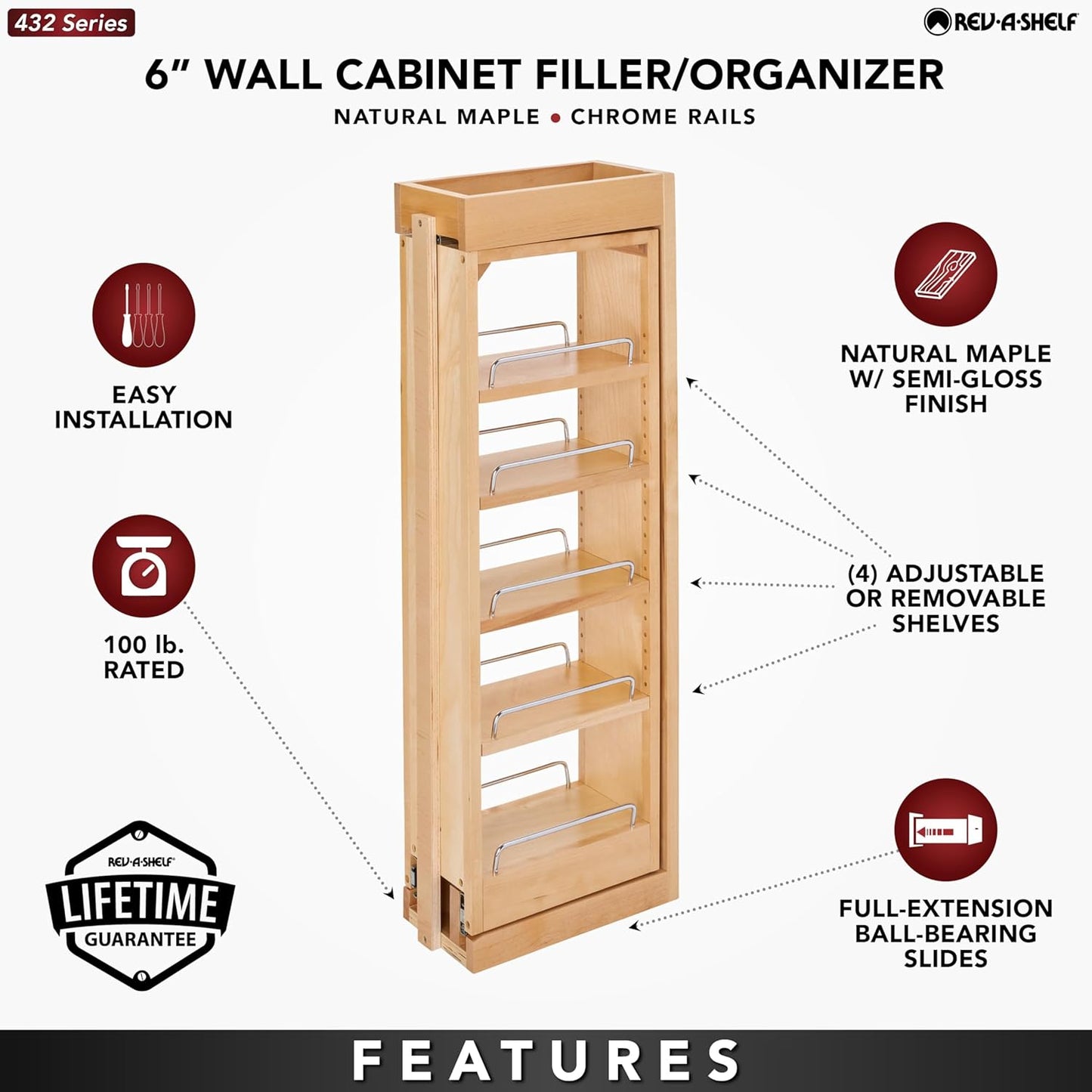 Rev-A-Shelf 6"W x 33"H Pull Out Quad Shelf Organizer for Wall & Base Kitchen Cabinets, Full Extension Filler Spice Rack, Adjustable, Wood, 432-WF33-6C