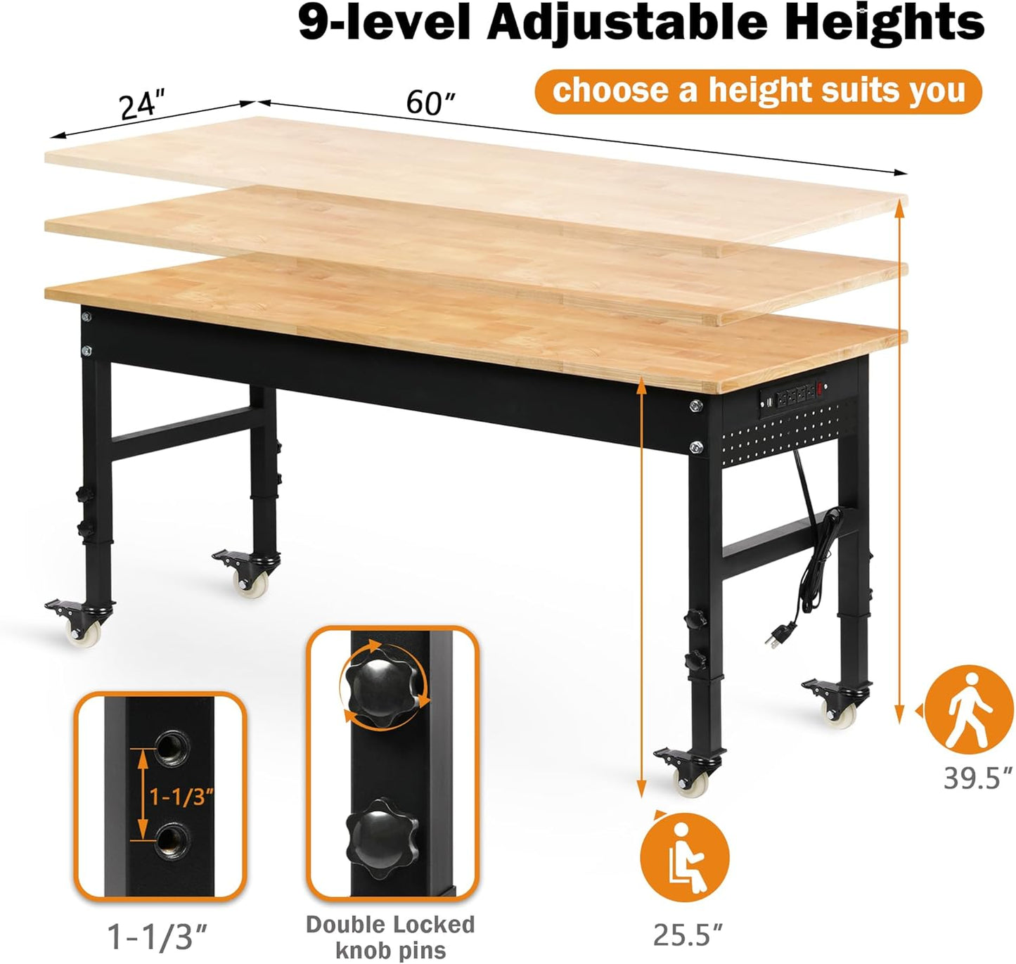 Betterhood 60" Adjustable Workbench on Wheels, Rubber Wood Heavy Duty Workstation with Power Outlets & Pegboard, 2000LBS Load Capacity Hardwood Worktable for Workshop, Garage, Office, Home, Commercial