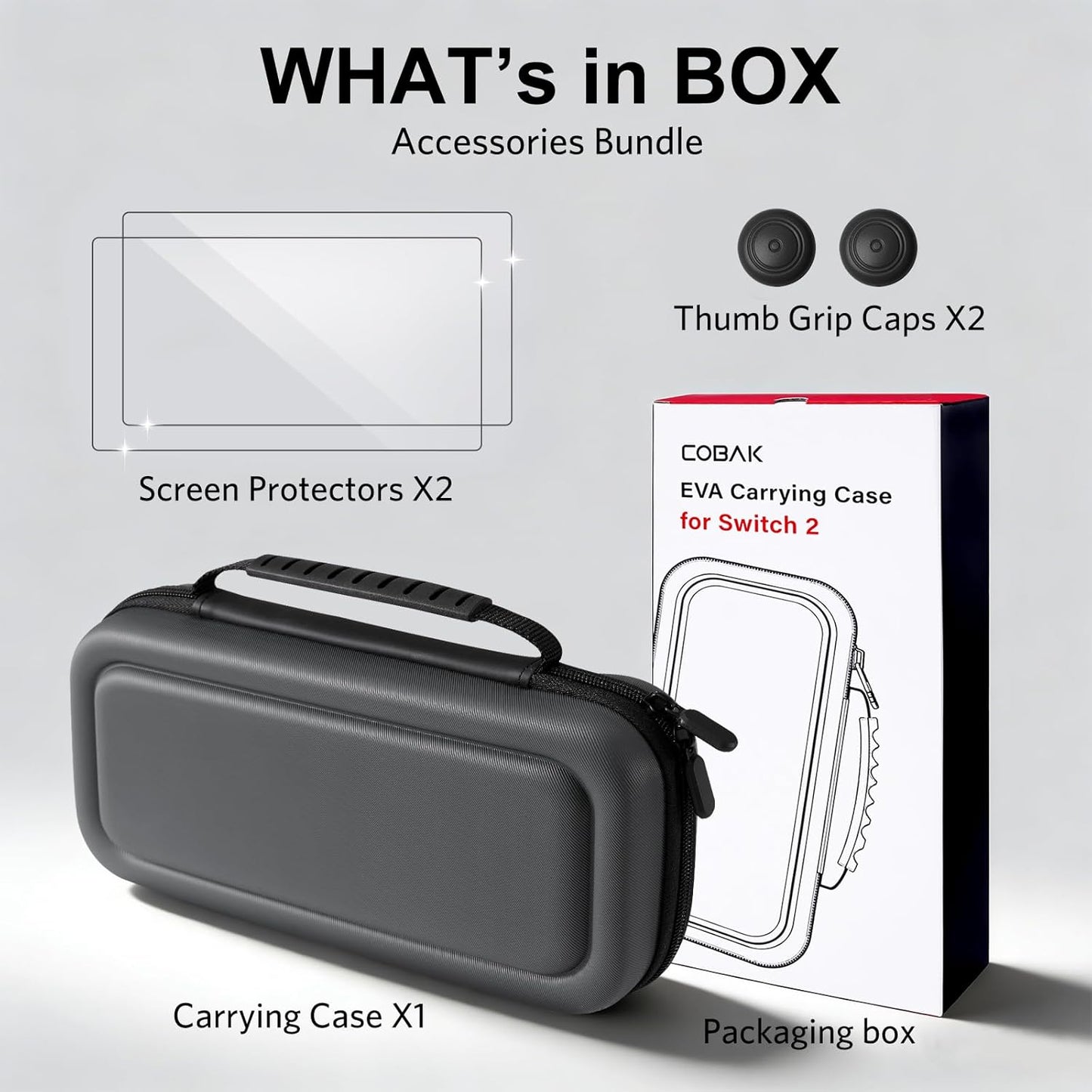 CoBak Large Capacity Carrying Case for Nintendo Switch 2 (2025) - 3 in 1 Accessories Bundle with 2 Screen Protectors, Thumb Grip Caps, 24 Game Cartridges, Hard Shell Portable Travel Pouch, Gray
