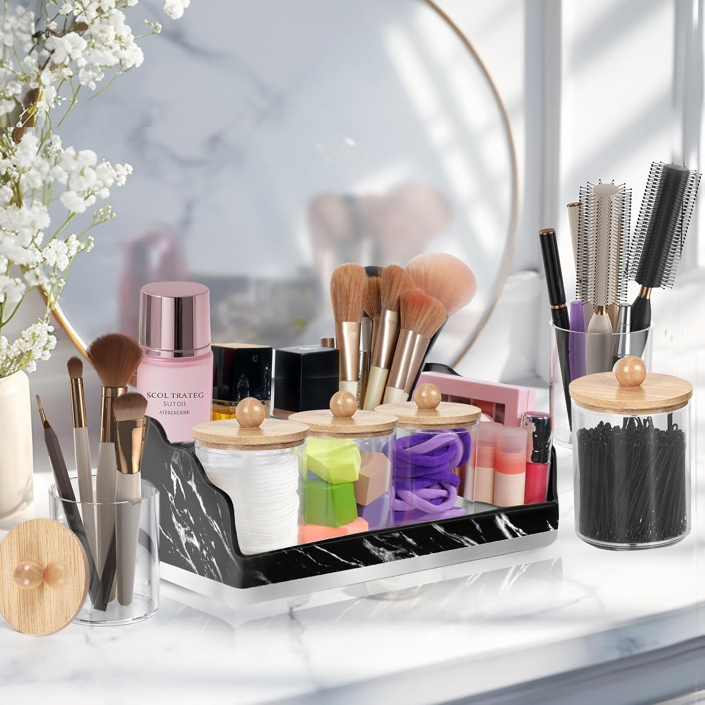 Marble Bathroom Countertop Organizer, Toothbrush Holders for Bathroom with 3PCS Qtip Holder Dispenser and Toothpaste Holder Drainage for Bathroom Accessories Organization Counter Vanity Storage
