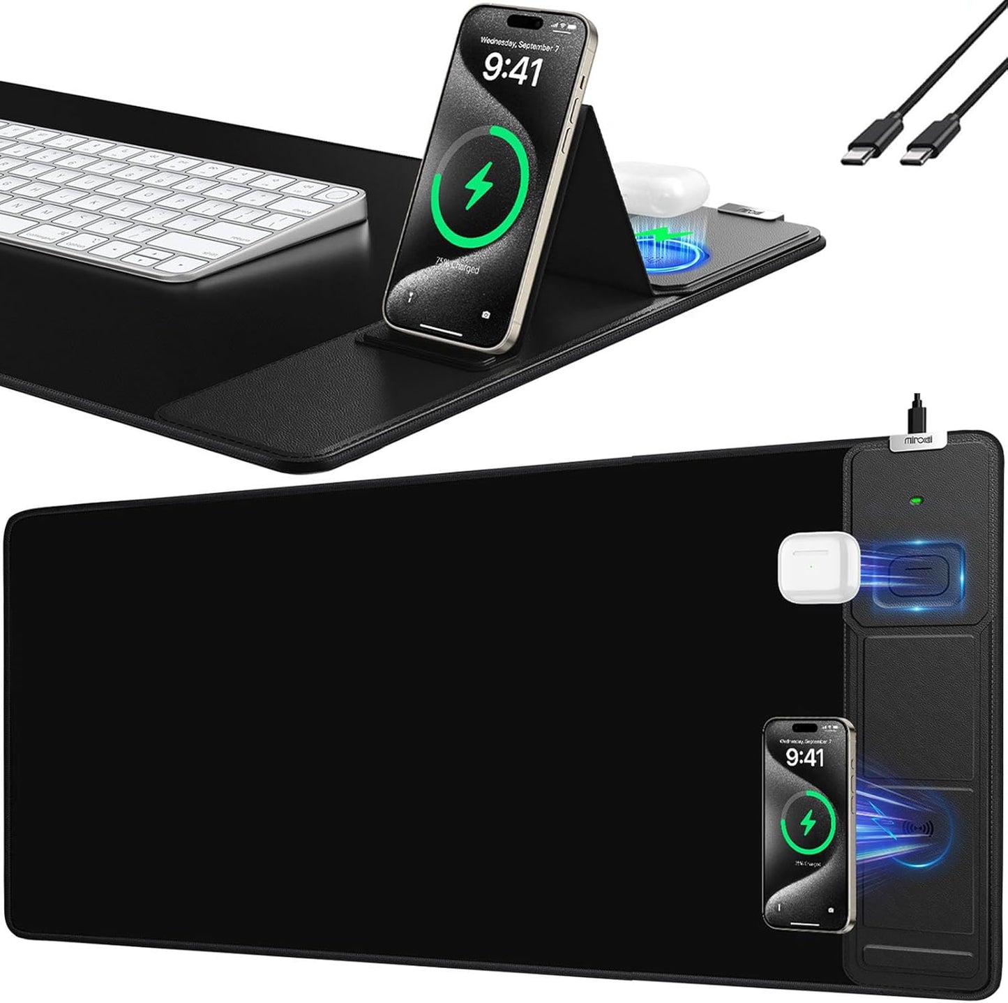 Mouse Pad, Office Desk Mat, Large Gaming Mousepad with Superior Micro-Weave Cloth, XXL Desk Pad with Stitched Edges, Non-Slip Writing Pad for Gamer, Laptop, Work & Home (Black Charging On The Right)