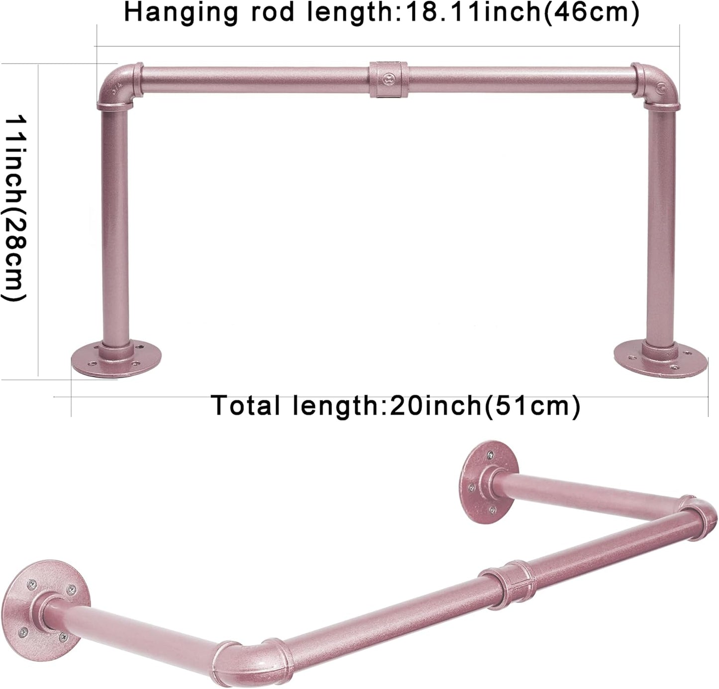 WEBI Industrial Pipe Clothing Rack,20" Wall Mounted Clothes Rack for Hanging Clothes,Heavy Duty Metal Garment Rack Bar Wall Mount Clothing Rod for Closet,Laundry Room,Rose Gold