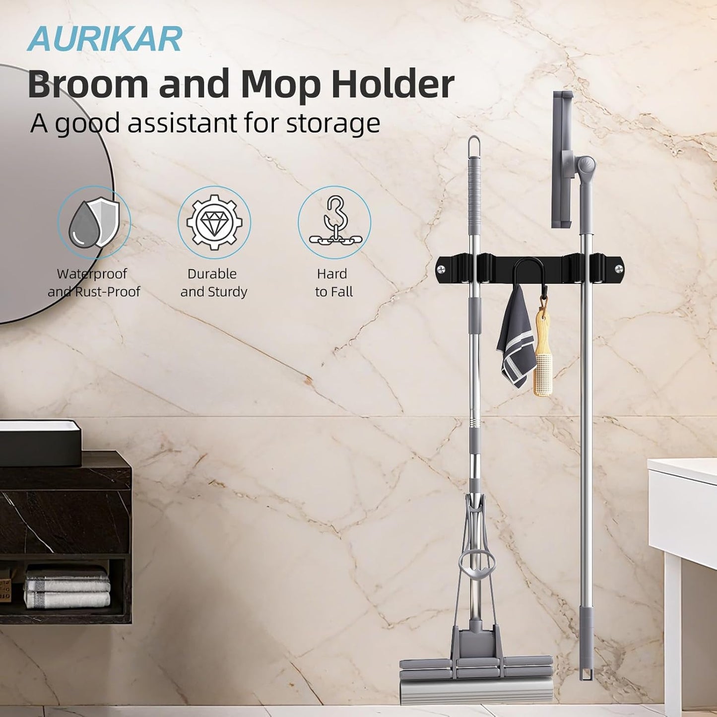 Broom Holder Wall Mount, Stainless Steel Mop and Broom Organizer, Broom Hanger with 2 Slots 2 Hooks for Home Kitchen, Garage, Garden and Laundry Room, Black