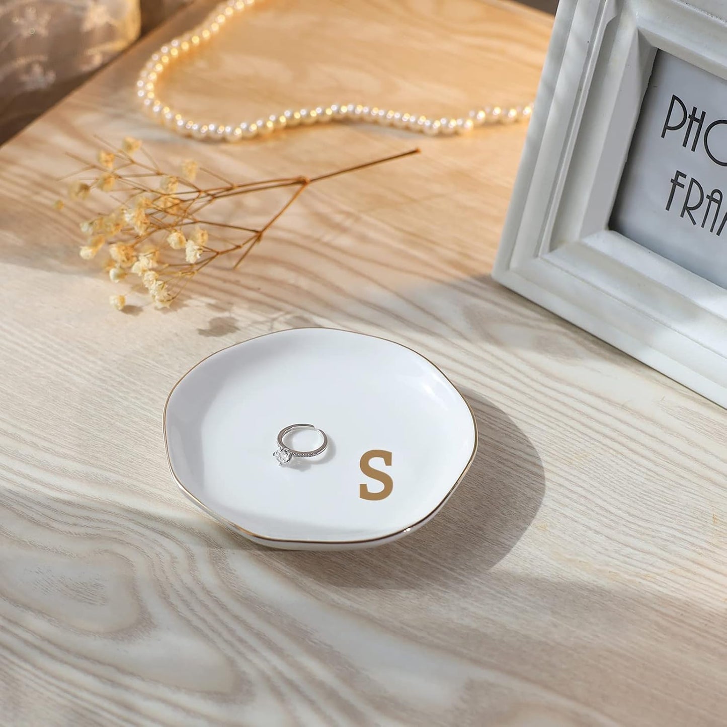 Initials Ring Dish Jewery Tray with Personalized S-Monogrammed Gifts Wedding Engagement for Women Friends Sister,Ceramic White
