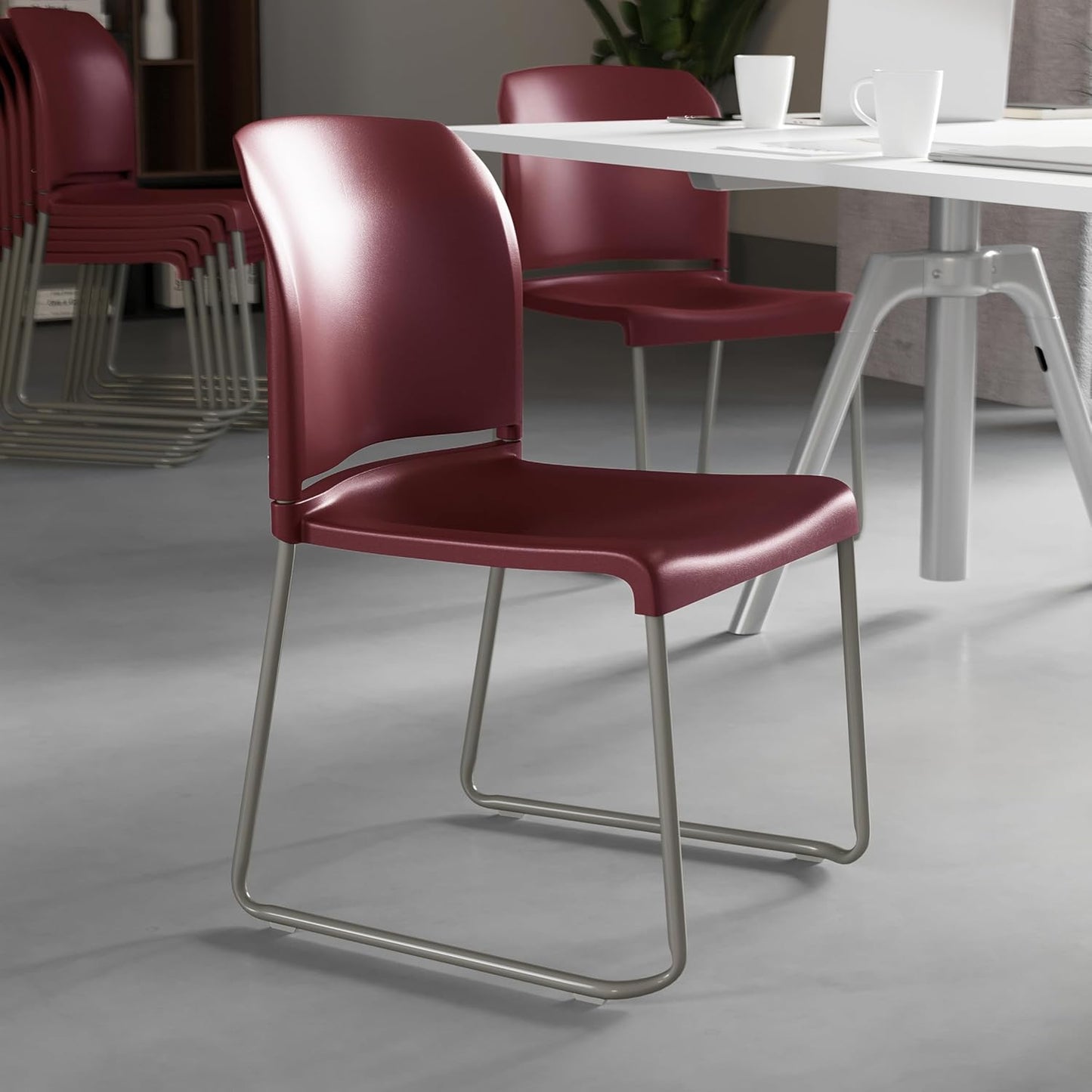 Flash Furniture HERCULES Series 880 lb. Capacity Burgundy Full Back Contoured Stack Chair with Gray Powder Coated Sled Base